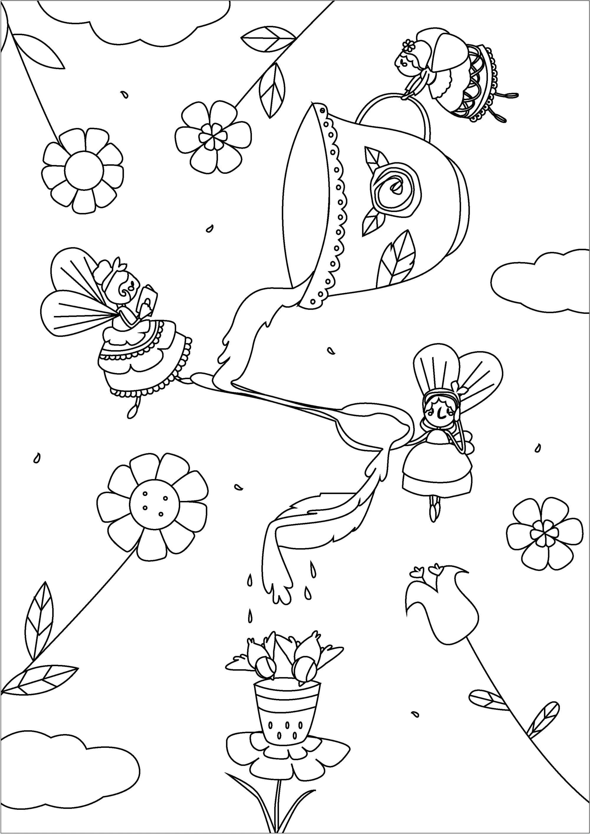 Feen und Tee (Ausmalbild zum Ausdrucken und Ausmalen für Kinder)
