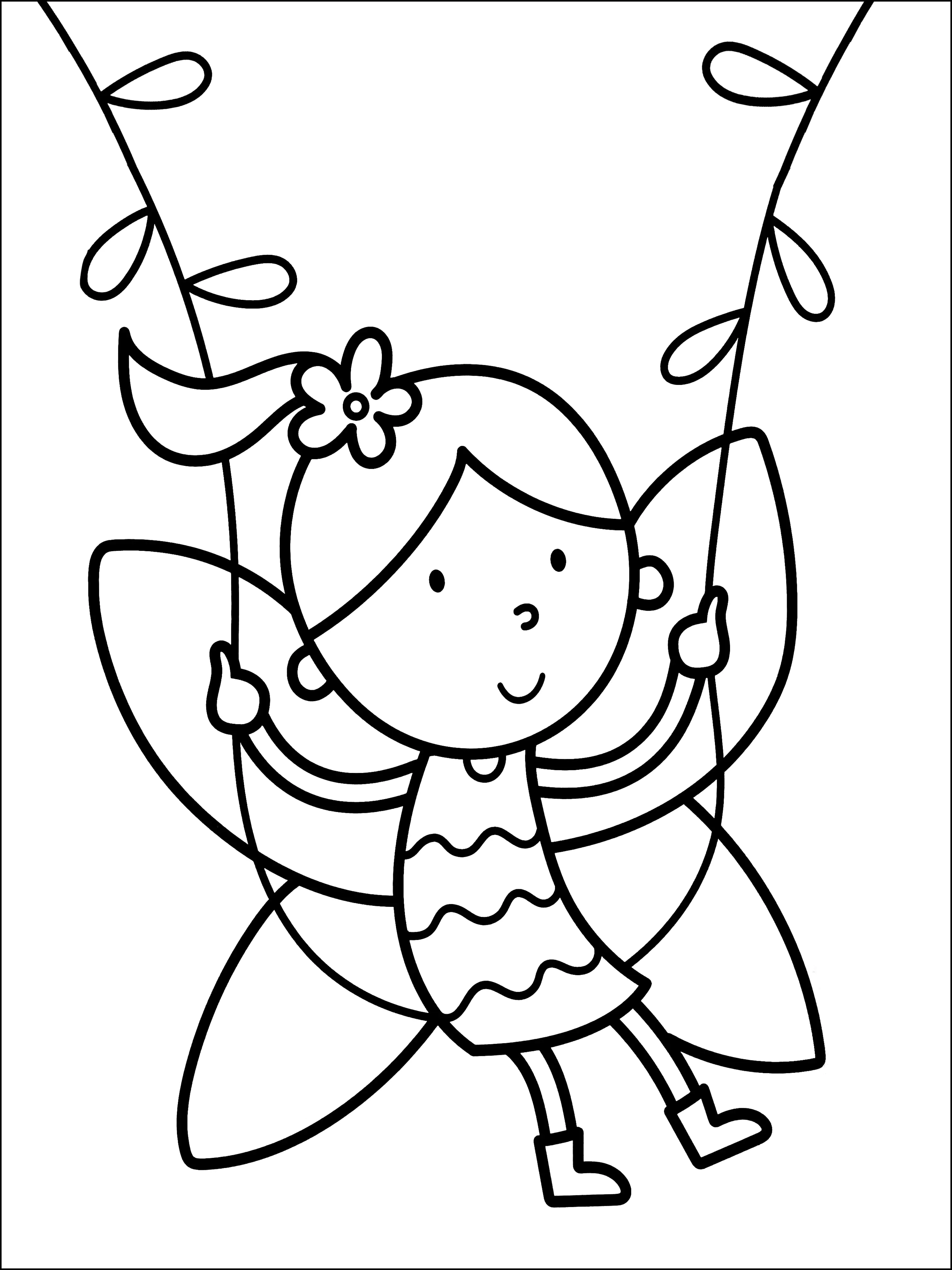Fee, die auf der Schaukel schwingt. (Ausmalbild von Feen zum Ausdrucken und Ausmalen für Kinder)