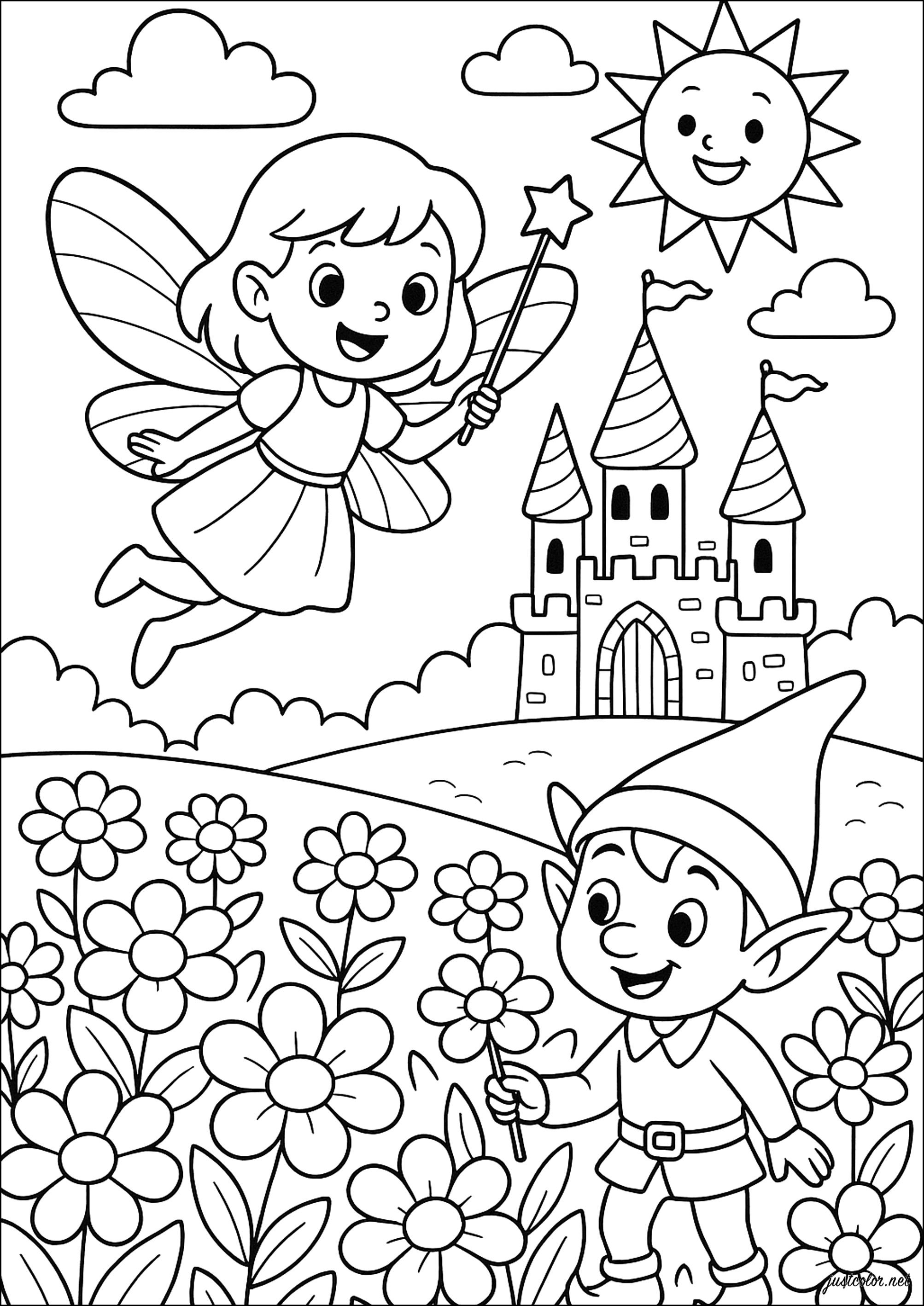 Fee in einem magischen Königreich (Ausmalbild von Feen zum Ausdrucken und Ausmalen für Kinder)