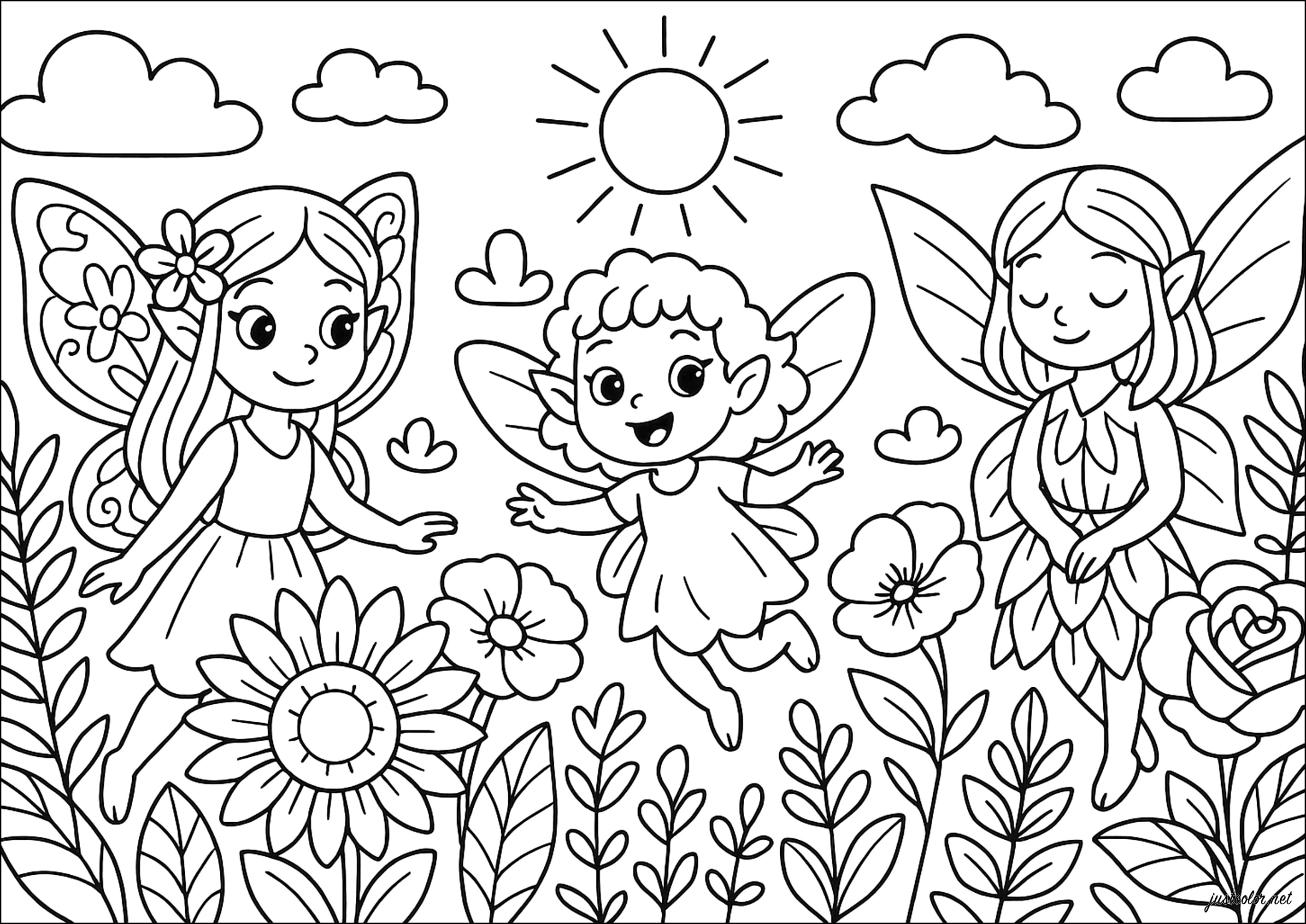Feen des verzauberten Gartens (Ausmalbild zum Ausdrucken und Ausmalen für Kinder)