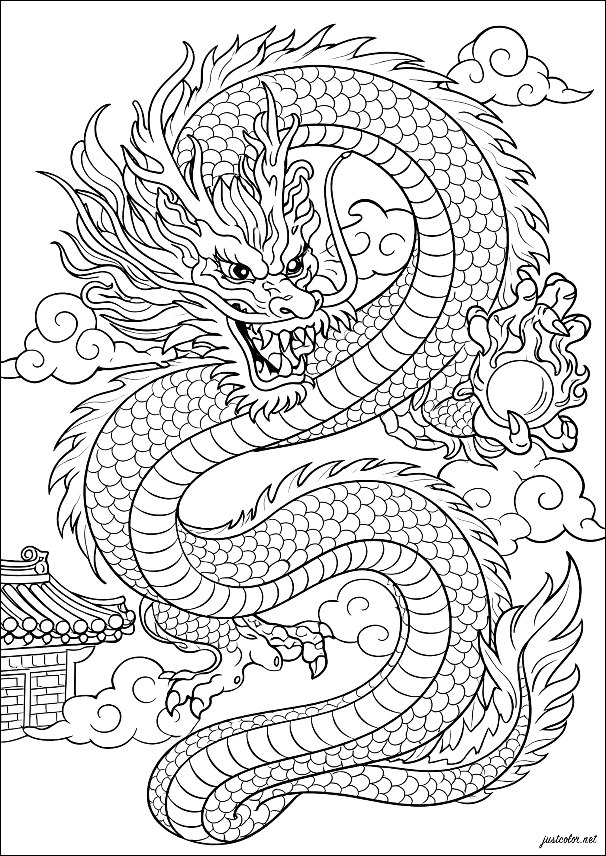 Legendärer koreanischer Drache über den Wolken (Ausmalbild von Koreanische Feste und Traditionen zum Ausdrucken und Ausmalen für Kinder)