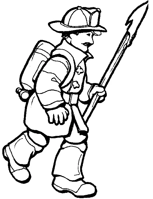 Feuerwehrmann mit Pickel (Ausmalbild von Feuerwehr zum Ausdrucken und Ausmalen für Kinder)