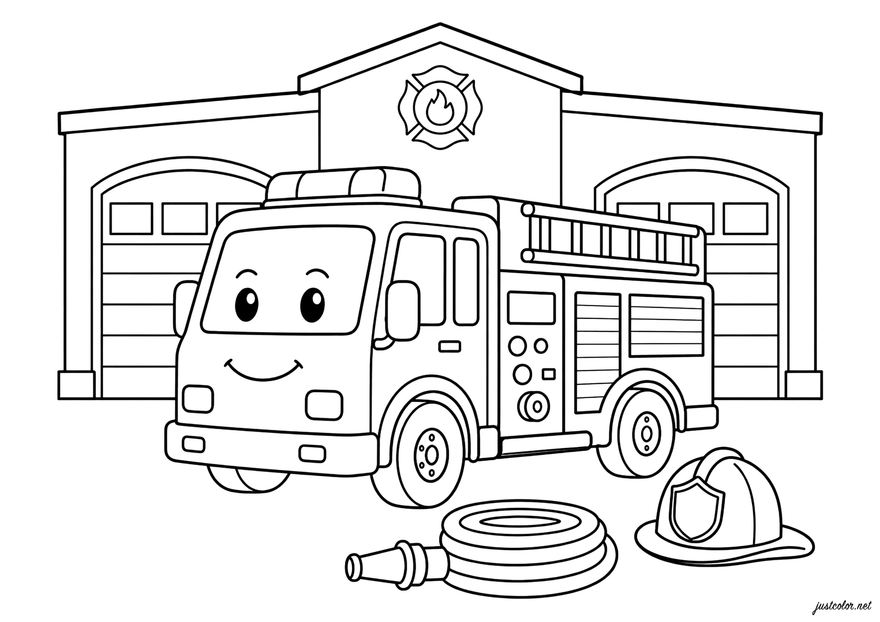 Lächender Feuerwehrwagen (Ausmalbild von Feuerwehr zum Ausdrucken und Ausmalen für Kinder)