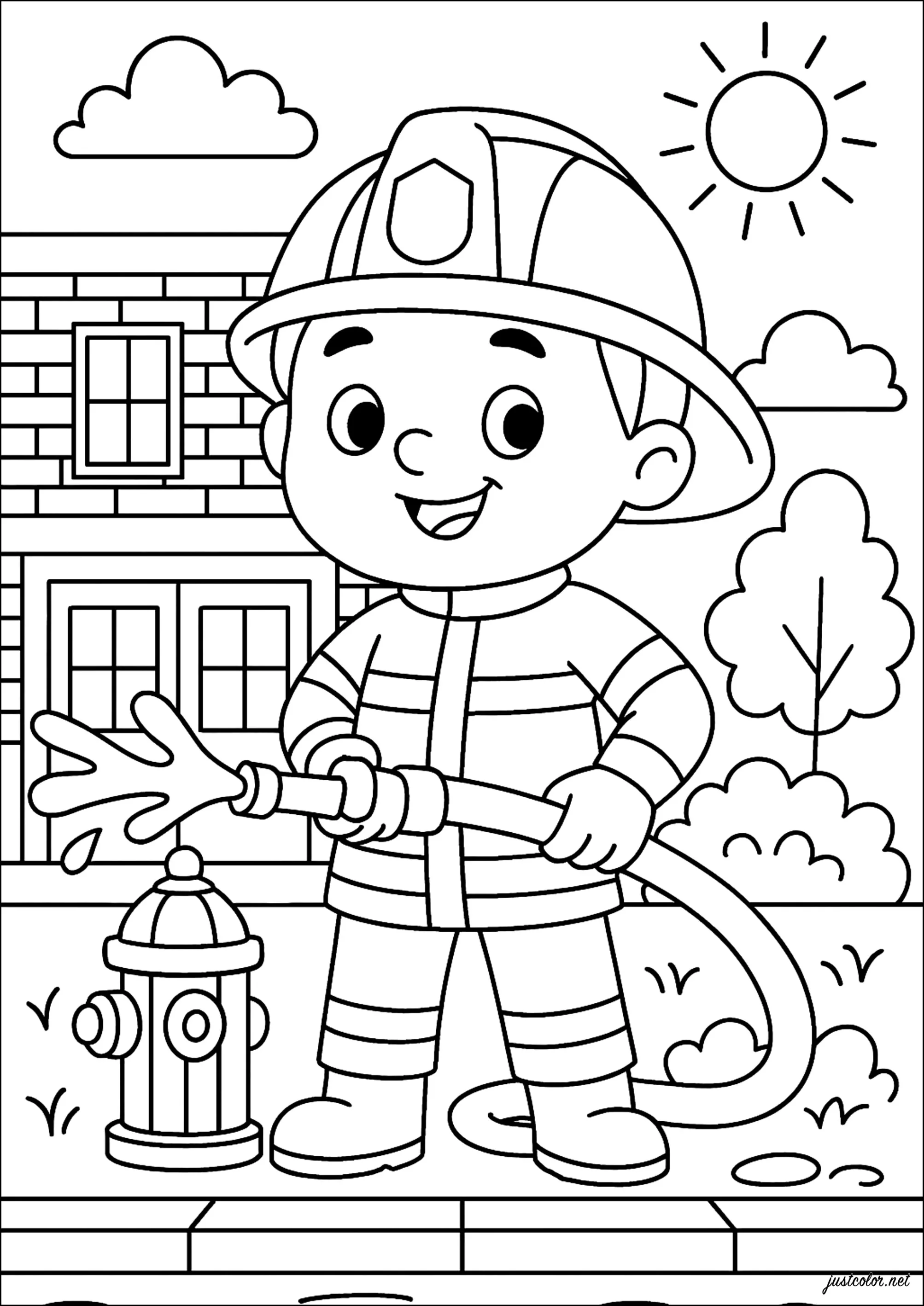 Ein Feuerwehrmann am Rettungsposten (Ausmalbild von Feuerwehr zum Ausdrucken und Ausmalen für Kinder)