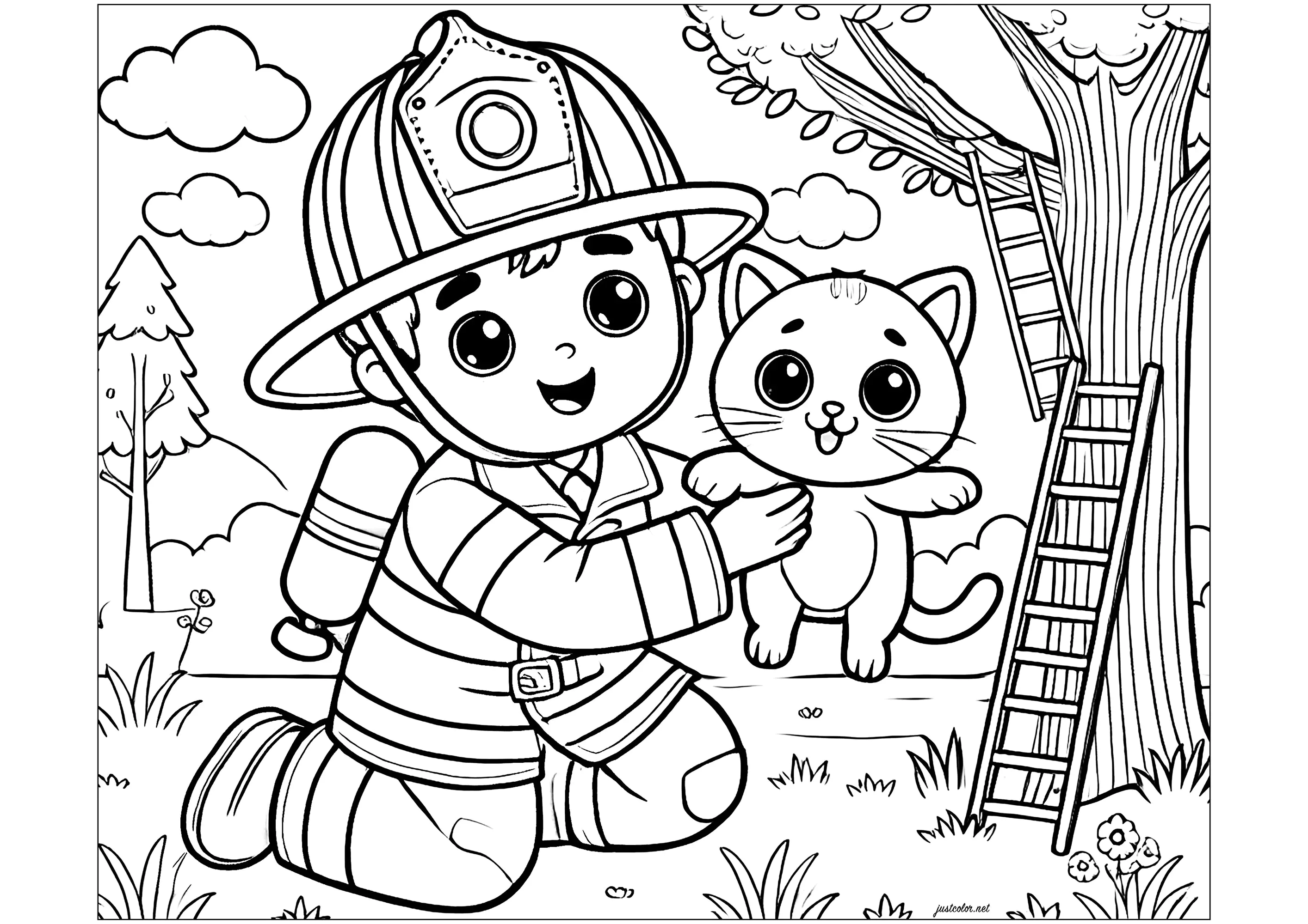 Feuerwehrmann rettet kleine Katze, die in einem Baum feststeckt (Ausmalbild von Feuerwehr zum Ausdrucken und Ausmalen für Kinder)
