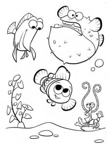 Nemo mit Dory und dem Kugelfisch. (Ausmalbild von Findet Nemo)