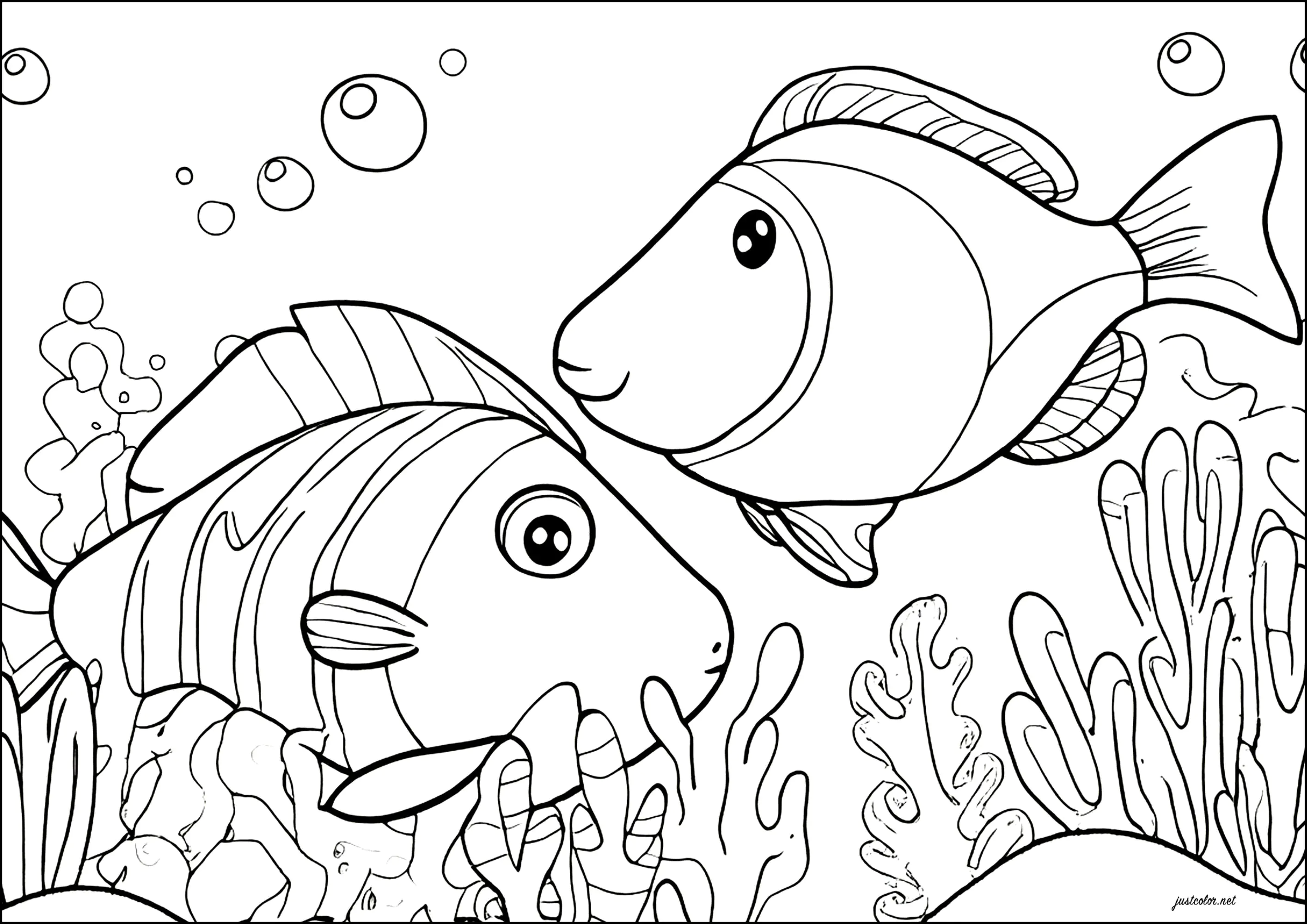 Zwei schöne Fische schwimmen. (Ausmalbild zum Ausdrucken und Ausmalen für Kinder)