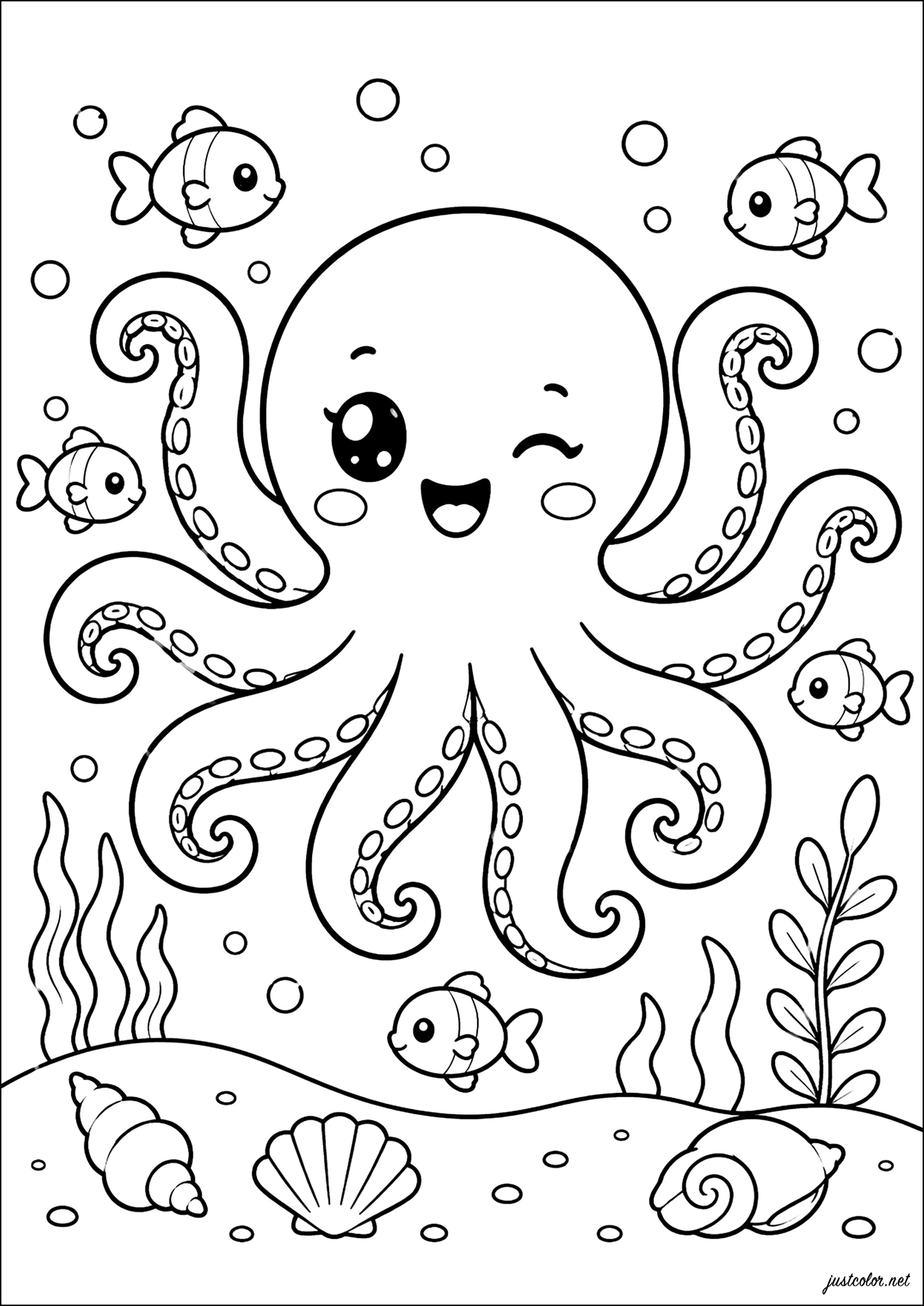 Fröhlicher Krake und hübsche Fische (Ausmalbild zum Ausdrucken und Ausmalen für Kinder)