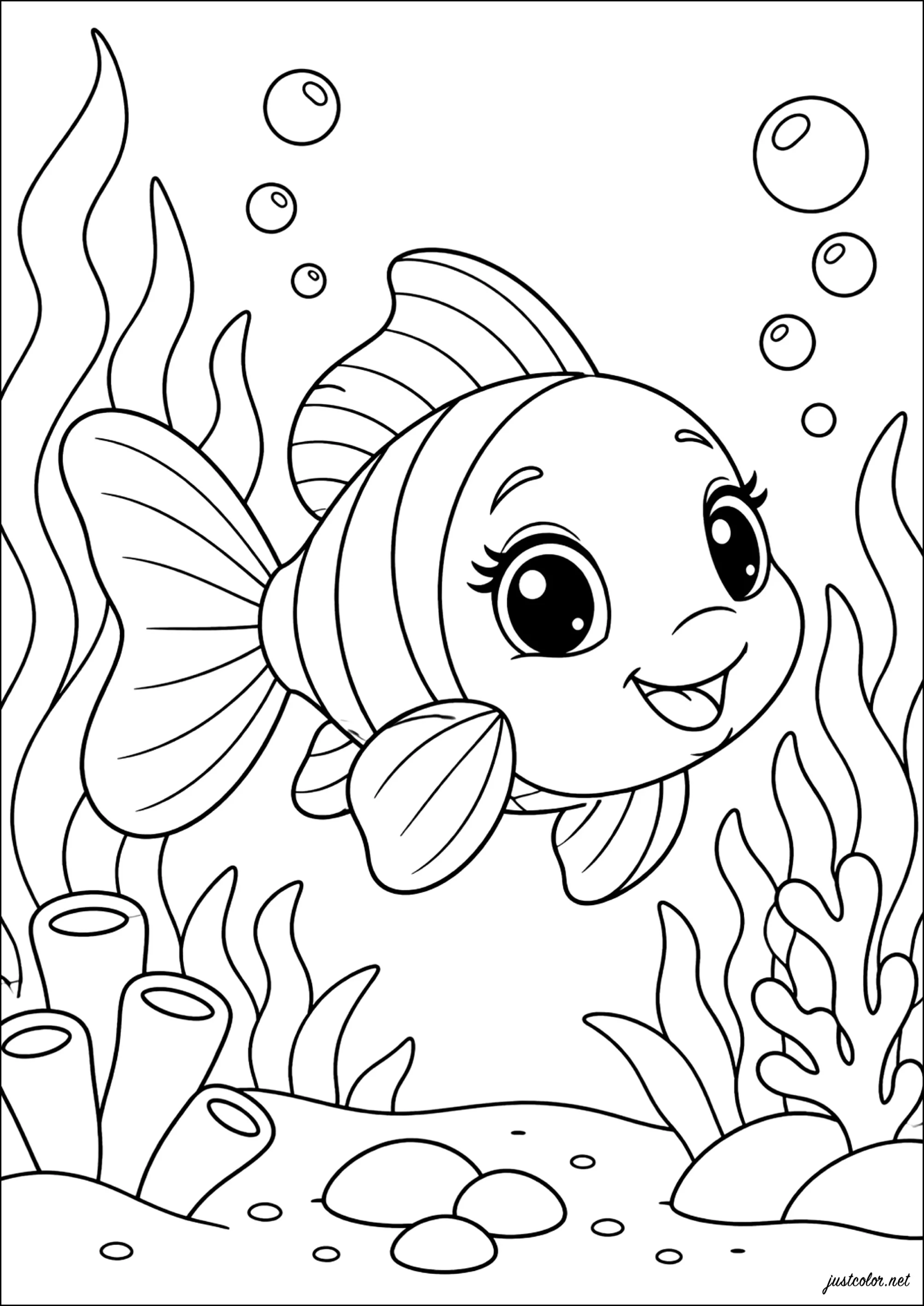 Lächelnder Fisch unter Wasser mit Blasen (Ausmalbild von Fische zum Ausdrucken und Ausmalen für Kinder)