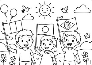 Kinder stolz Flaggen tragend (Ausmalbild)