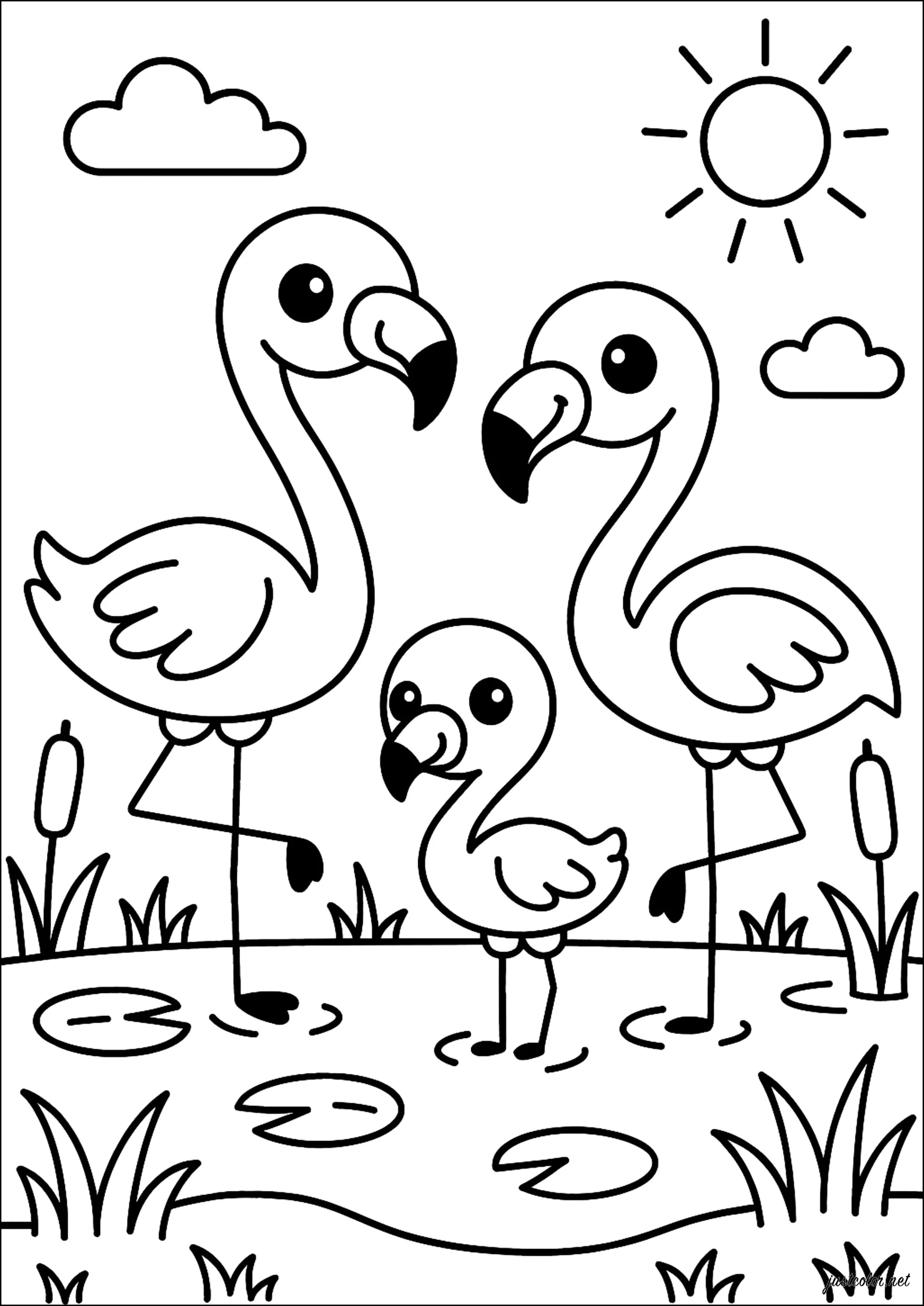 Familie der Flamingos am Teich (Ausmalbild zum Ausdrucken und Ausmalen für Kinder)