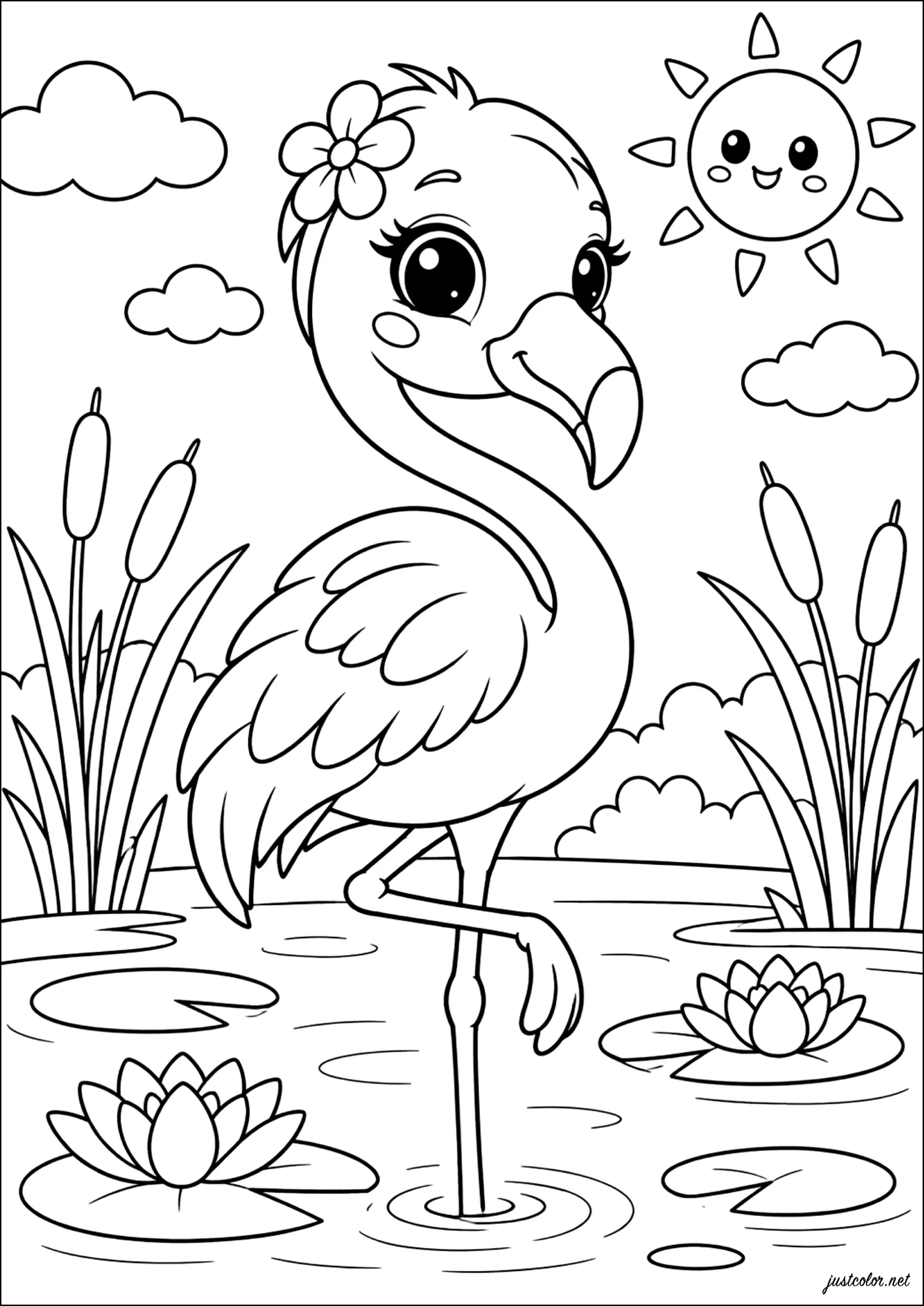 Flamingo im Wasser mit einer lächelnden Sonne (Ausmalbild zum Ausdrucken und Ausmalen für Kinder)