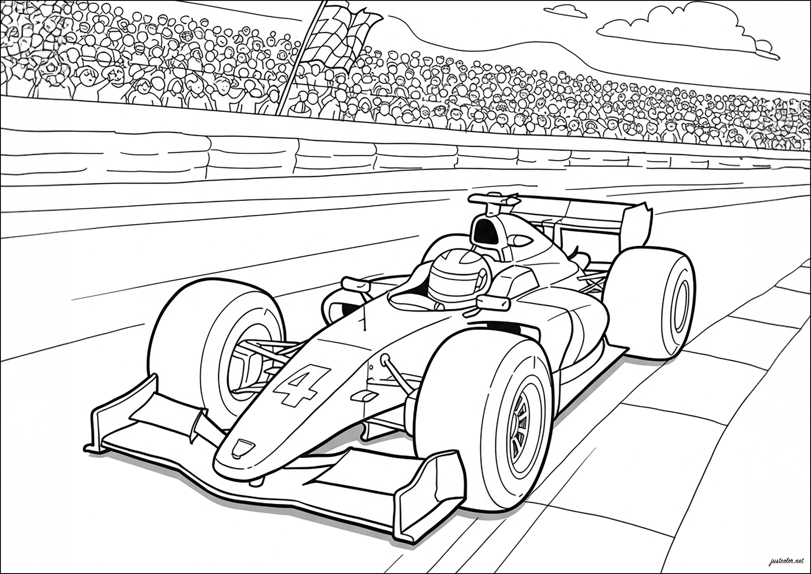 Formel 1 in Höchstgeschwindigkeit (Ausmalbild zum Ausdrucken und Ausmalen für Kinder)