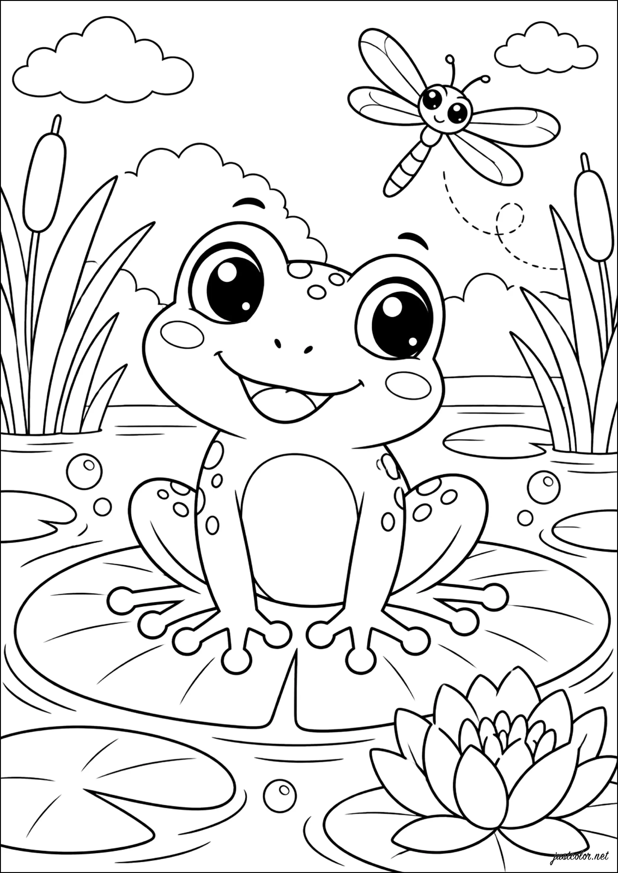 Frosch sitzt auf einer Seerose (Ausmalbild von Frösche zum Ausdrucken und Ausmalen für Kinder)