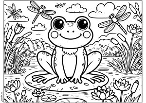 Hübscher kleiner Frosch auf einer Seerose mit Libellen (Ausmalbild von Frösche)