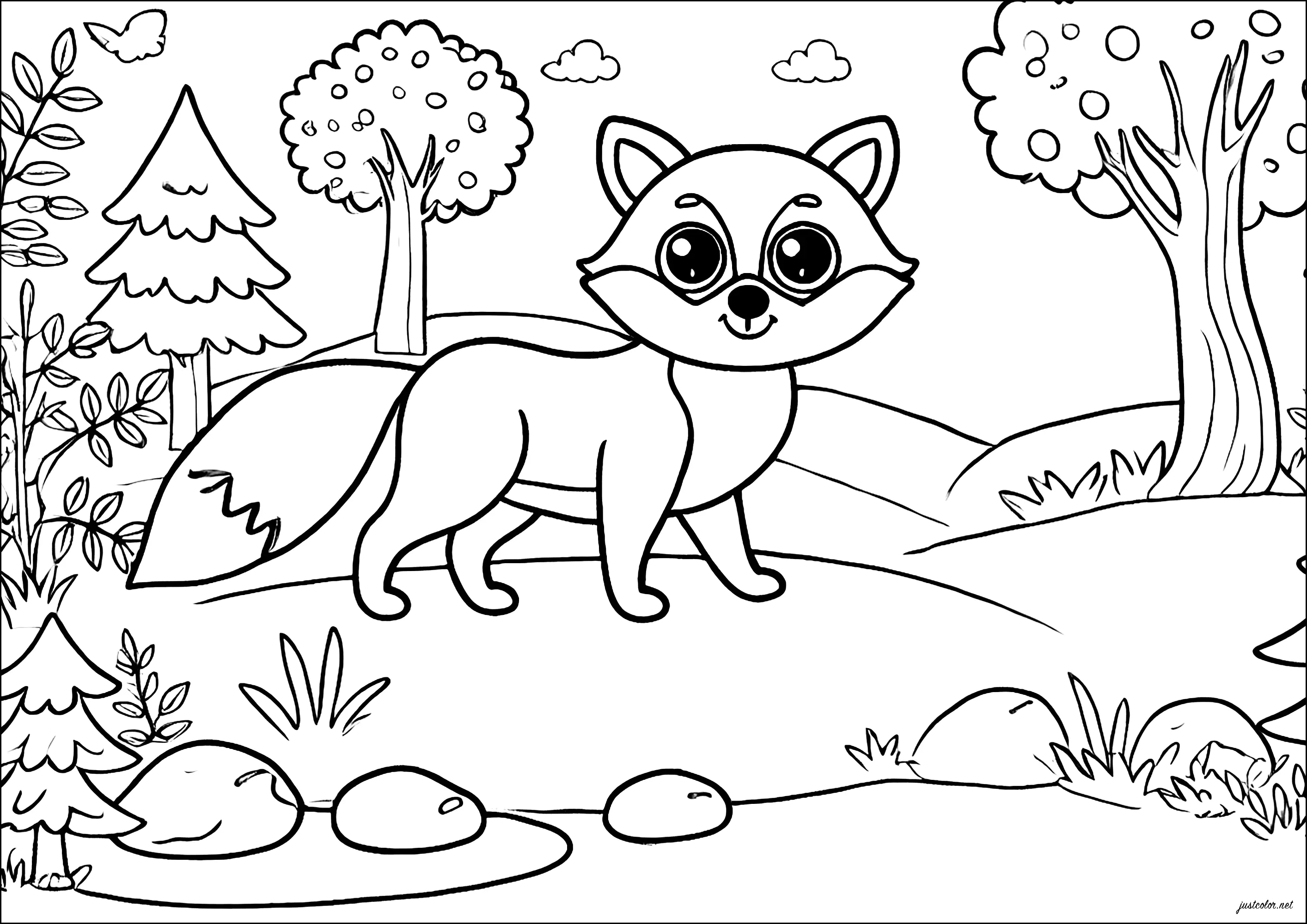Kleiner Fuchs geht zwischen Bäumen und Tannen spazieren (Ausmalbild zum Ausdrucken und Ausmalen für Kinder)