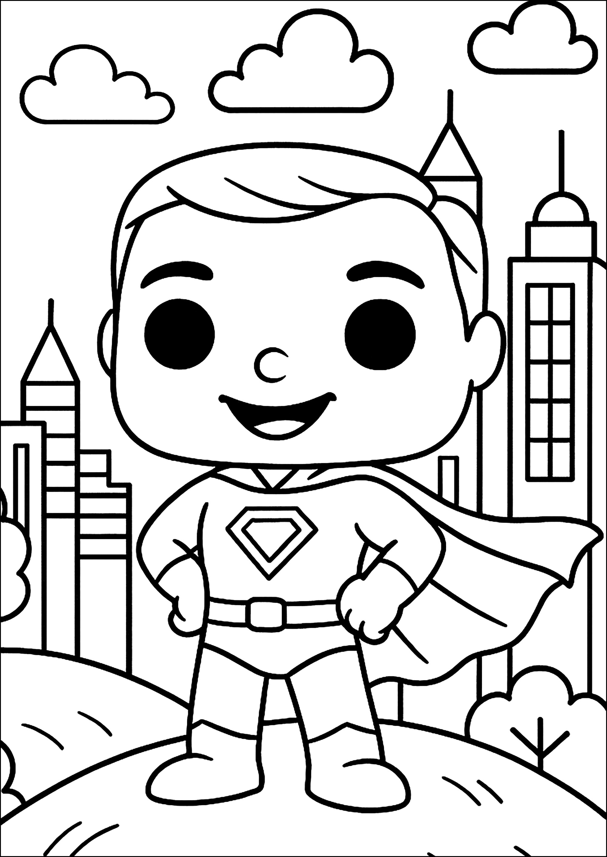 Superman in Metropolis (Ausmalbild von Funko Pop zum Ausdrucken und Ausmalen für Kinder)