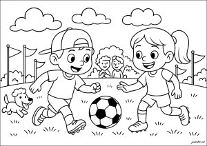 Fröhliche Kinder spielen Fußball (Ausmalbild von Fussball)