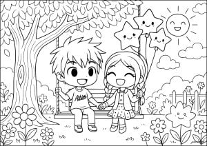 Fröhlicher Tag im Garten auf einer großen Schaukel (Ausmalbild von Gacha Life)