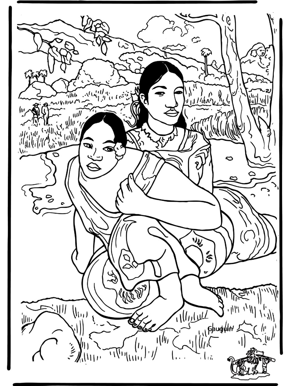 Malbuch inspiriert von einem Werk von Paul Gauguin. (Ausmalbild zum Ausdrucken und Ausmalen für Kinder)