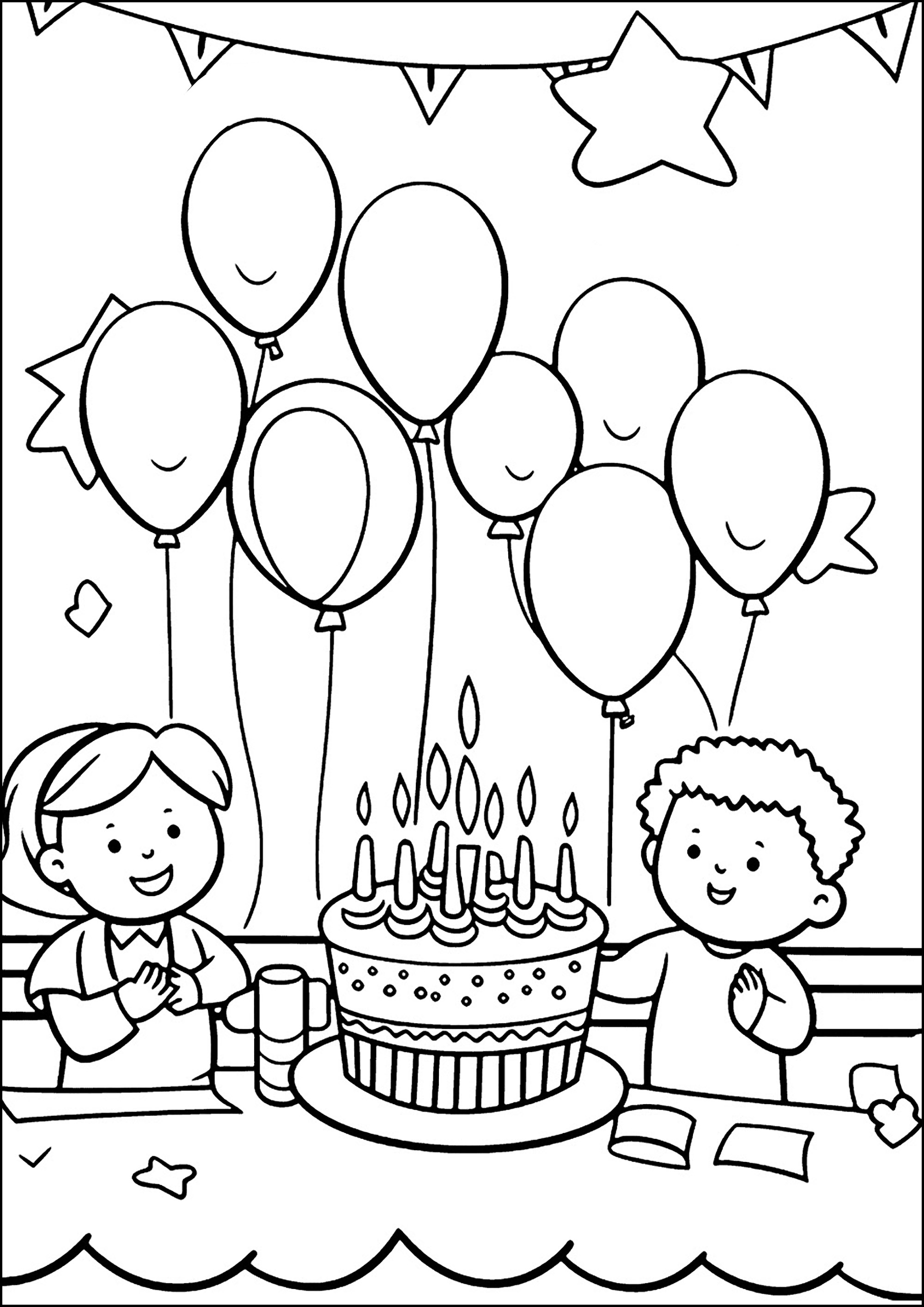  Kindergeburtstag mit einem schönen Kuchen und Ballons. - Ausmalbilder Illustration 
