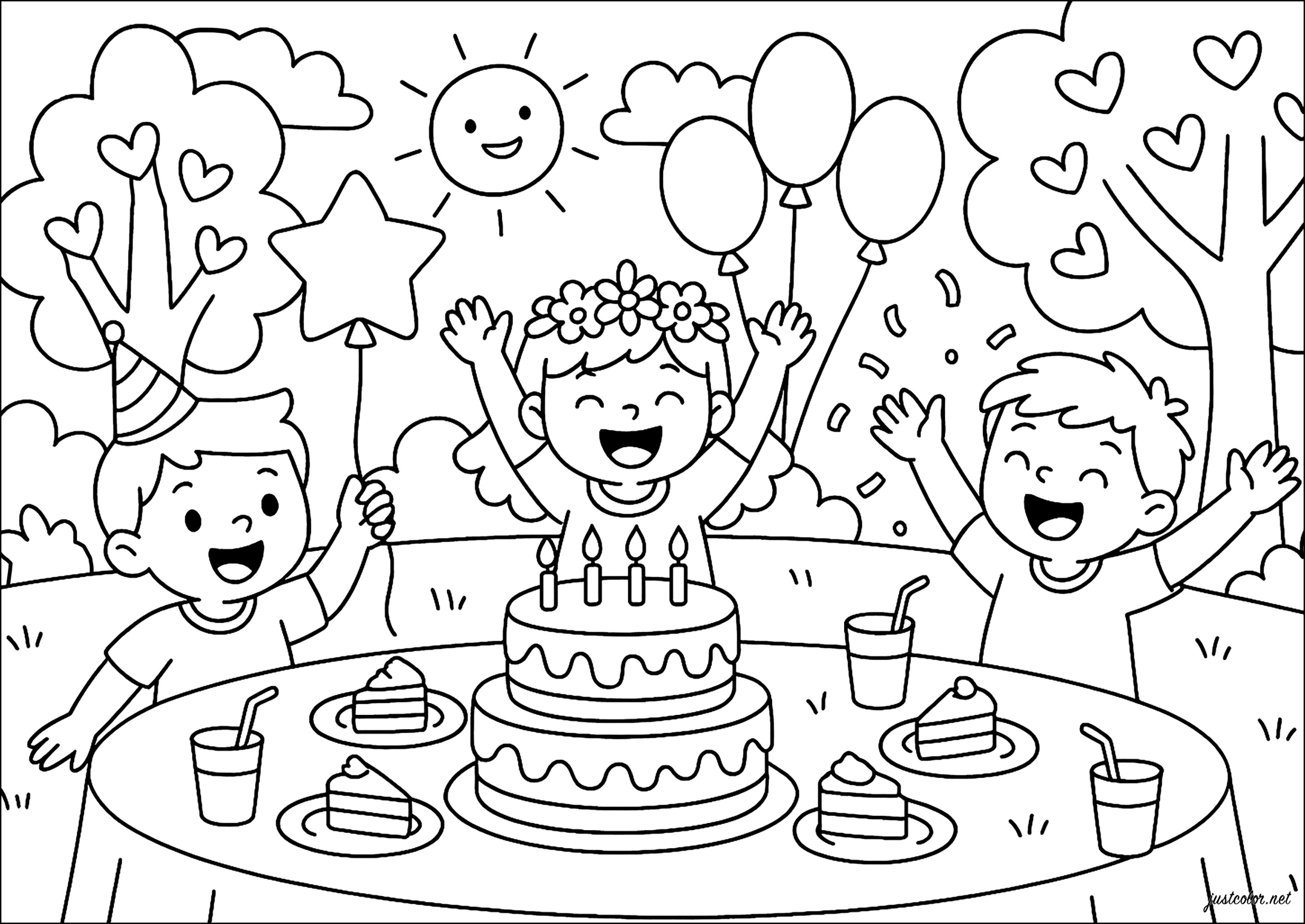 Geburtstag mit Freunden in einem Park (Ausmalbild von Geburtstage zum Ausdrucken und Ausmalen für Kinder)