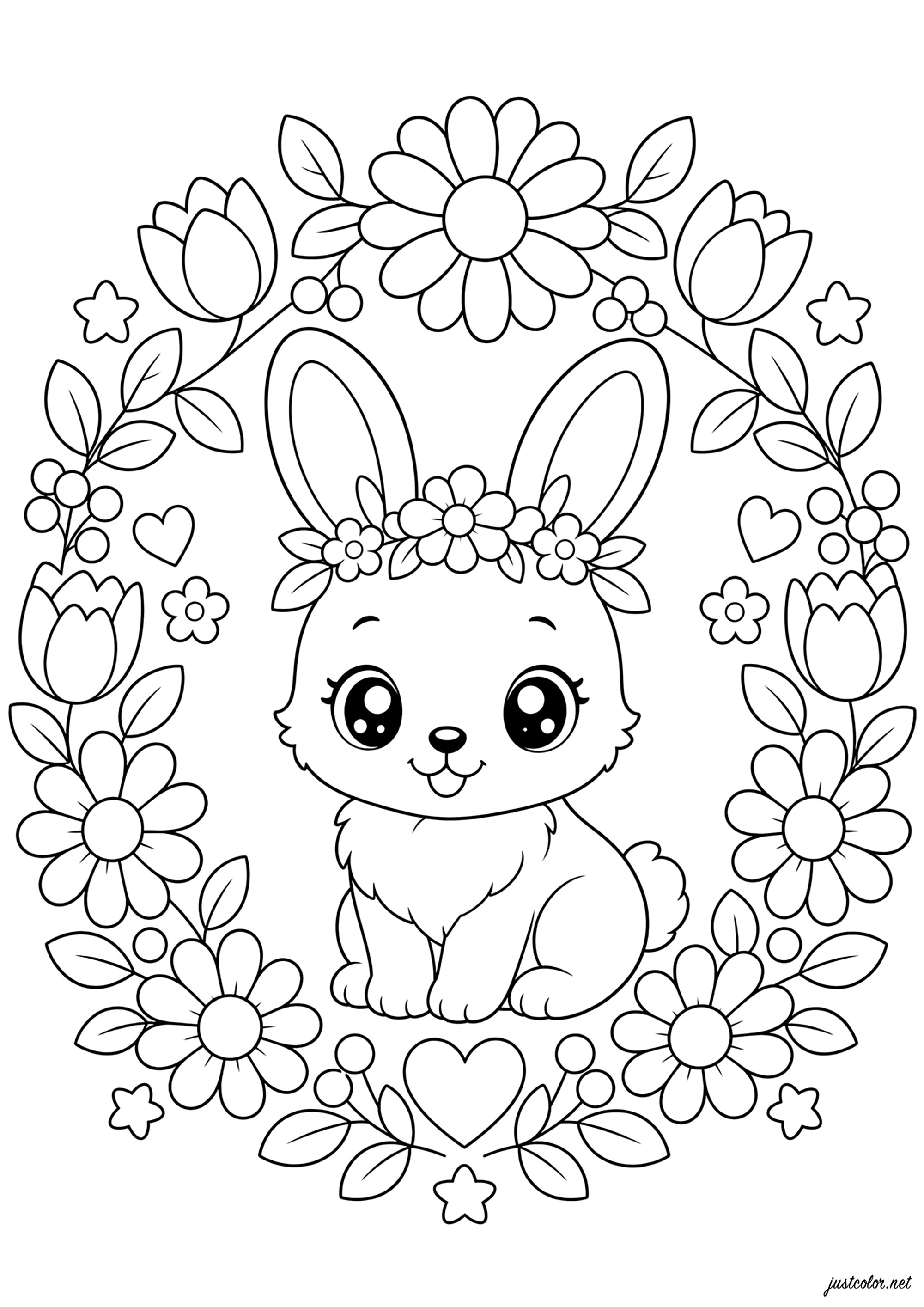 Süßer Hase, umgeben von Blumen (Ausmalbild von Gemütliche Tiere zum Ausdrucken und Ausmalen für Kinder)