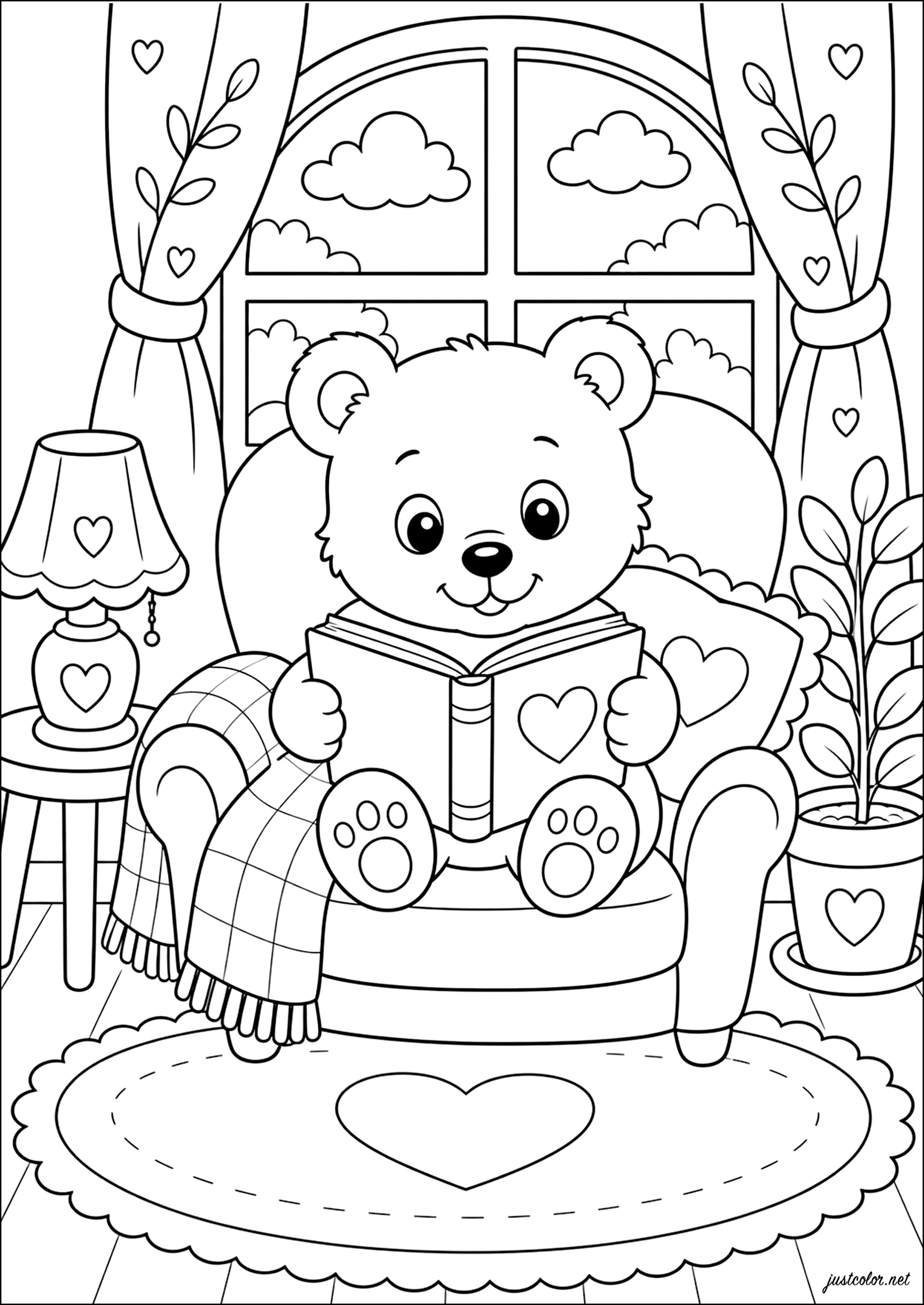 Süßer Teddybär beim Lesen (Ausmalbild von Gemütliche Tiere zum Ausdrucken und Ausmalen für Kinder)
