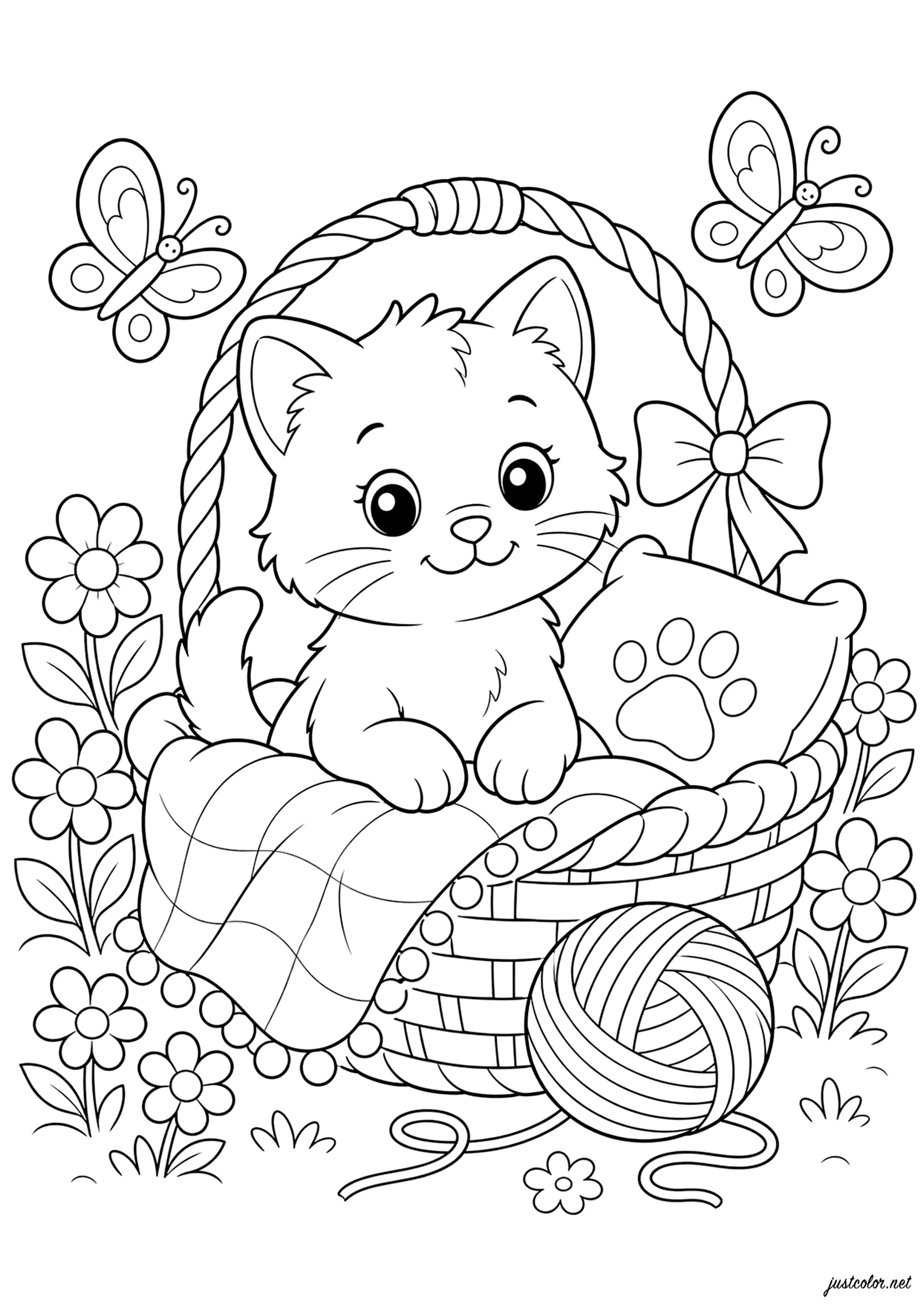 Kätzchen in einem Weidenkorb (Ausmalbild von Gemütliche Tiere zum Ausdrucken und Ausmalen für Kinder)
