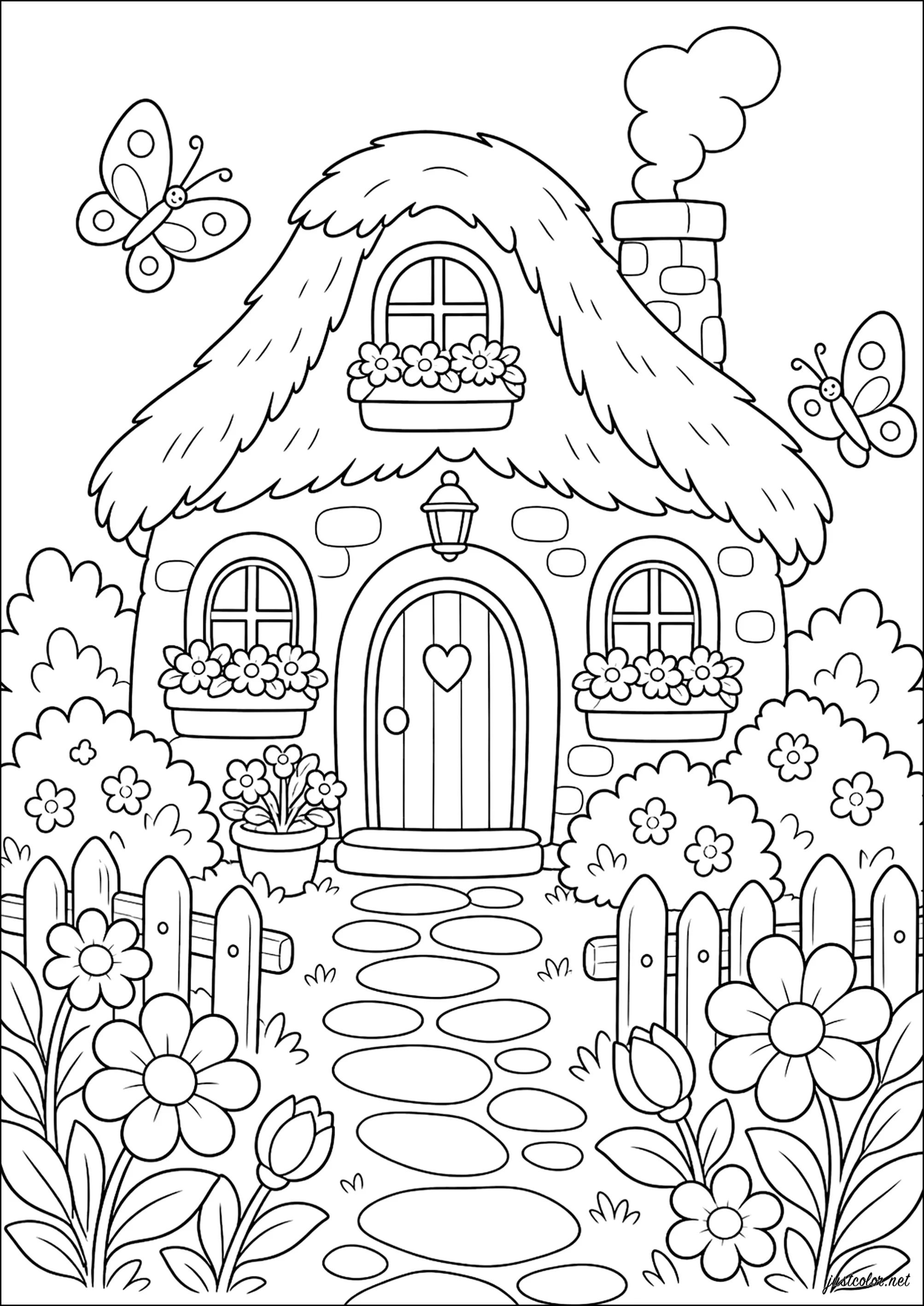 Charmantes Bauernhaus umgeben von Blumen (Ausmalbild von Gemütliches Ferienhaus zum Ausdrucken und Ausmalen für Kinder)