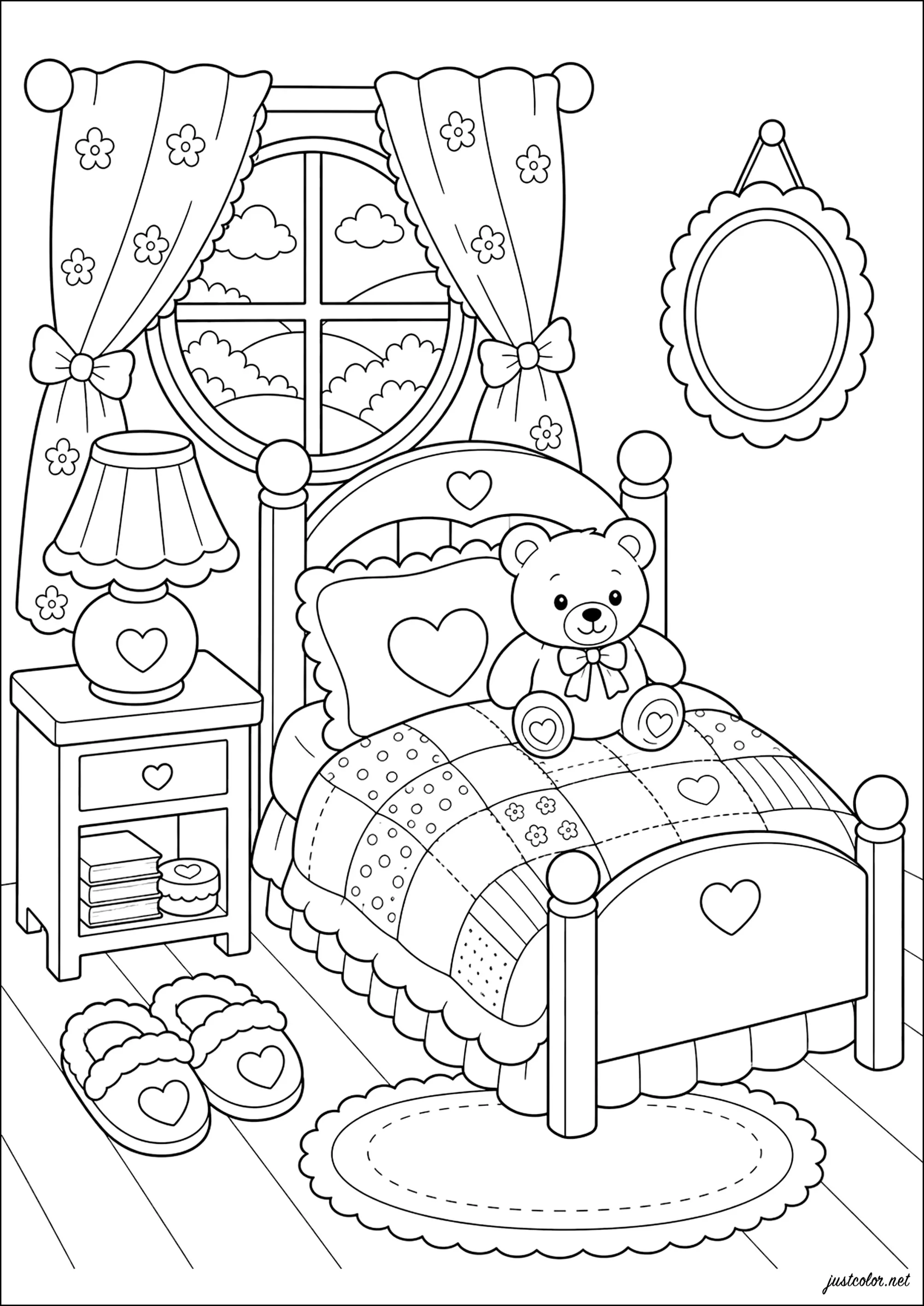 Sehr süßes und gemütliches Zimmer mit kuscheligem Bärchen (Ausmalbild von Gemütliches Ferienhaus zum Ausdrucken und Ausmalen für Kinder)