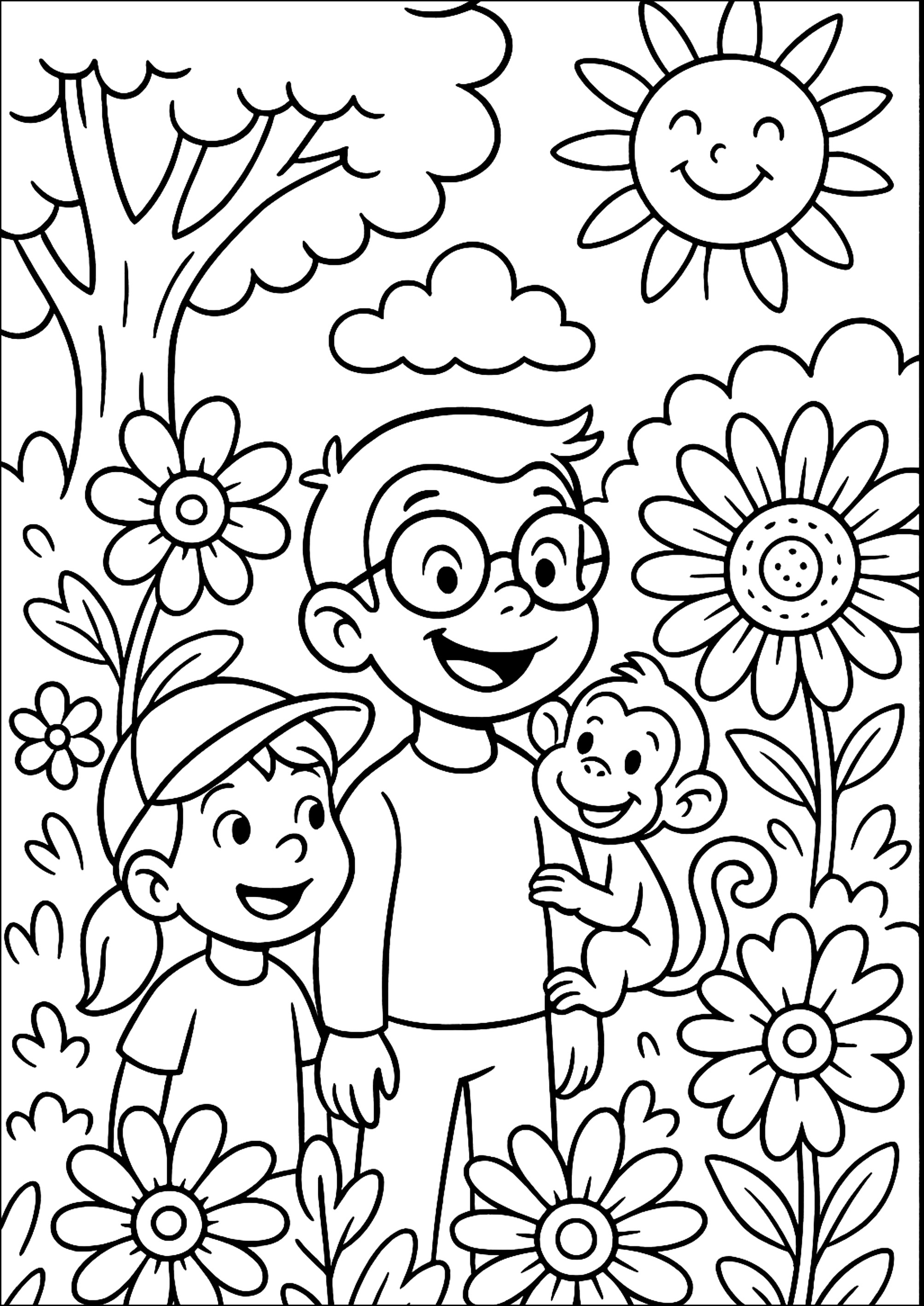 Erkundung im Blumenwald (Ausmalbild von Georges Der Kleine Neugierige zum Ausdrucken und Ausmalen für Kinder)