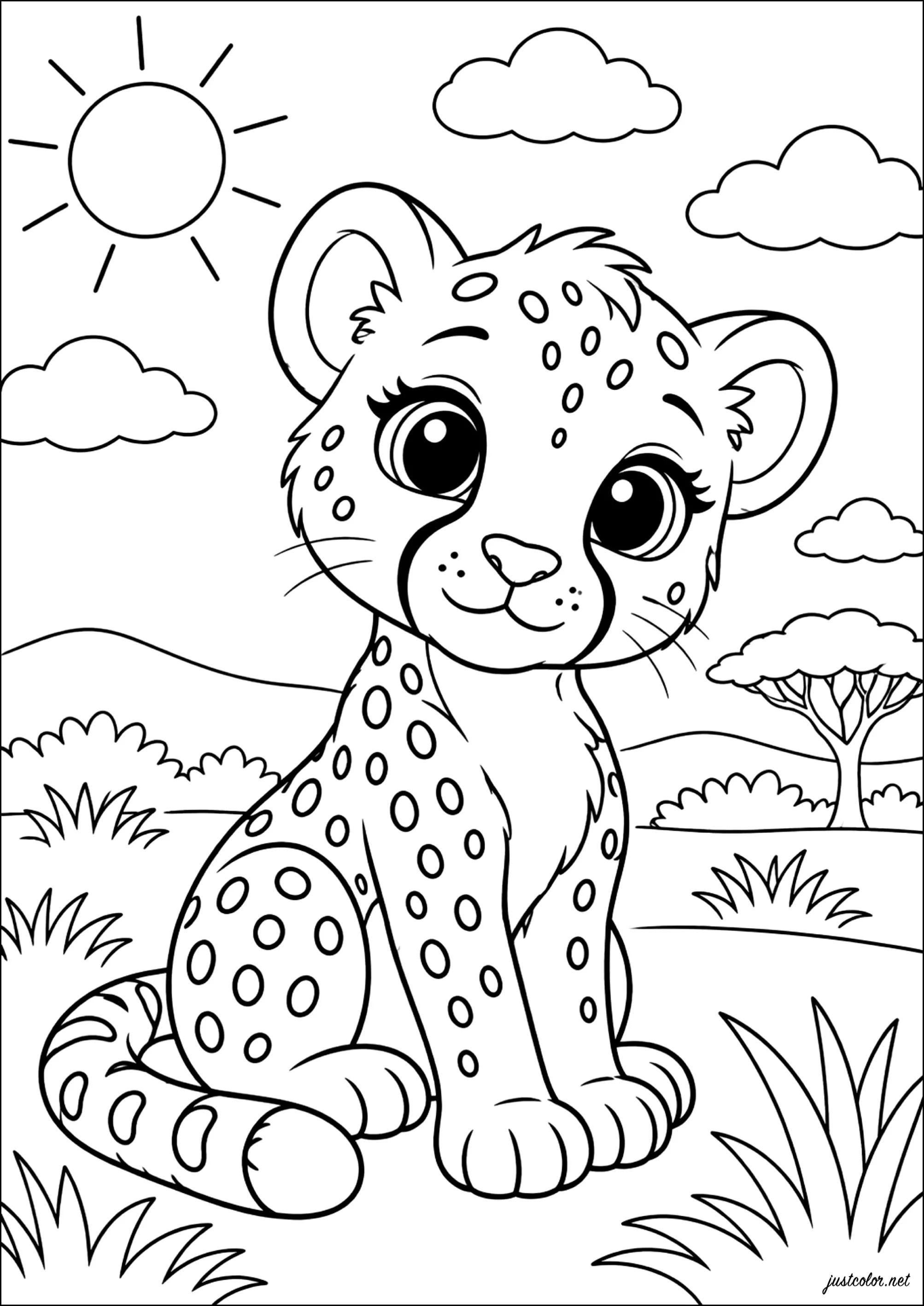 Junger Gepard sitzt in der Savanne (Ausmalbild von Geparde zum Ausdrucken und Ausmalen für Kinder)