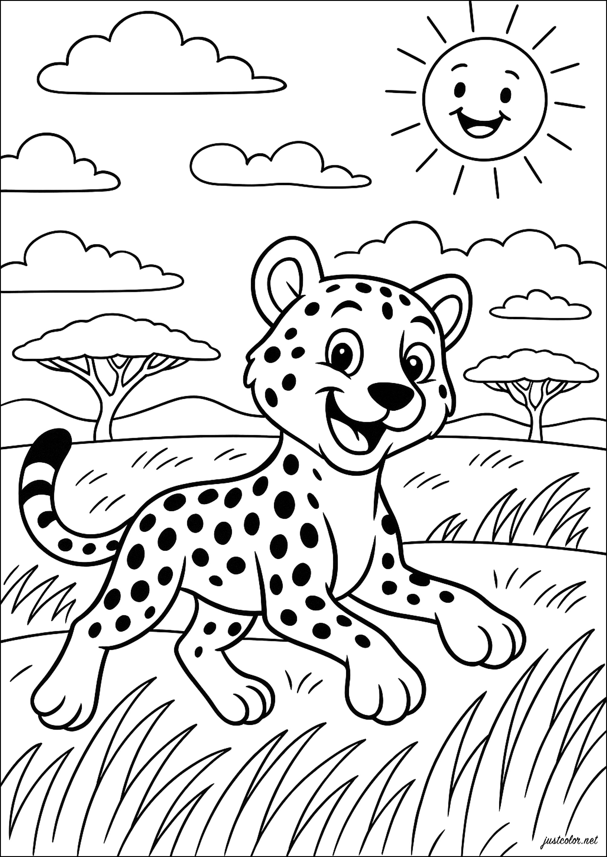 Fröhlicher Gepard in der Savanne (Ausmalbild von Geparde zum Ausdrucken und Ausmalen für Kinder)