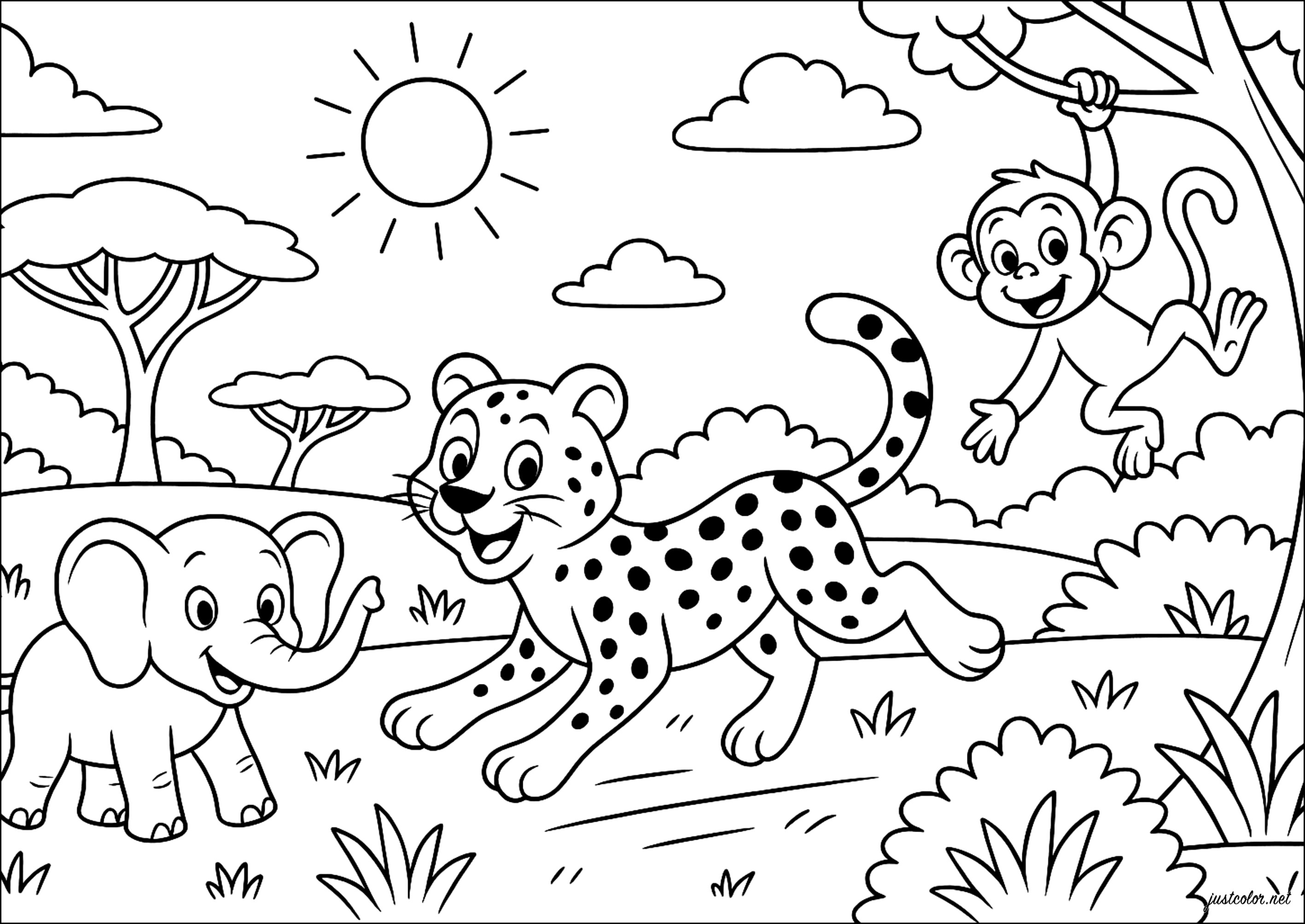Fröhlicher Lauf in der Savanne (Ausmalbild von Geparde zum Ausdrucken und Ausmalen für Kinder)
