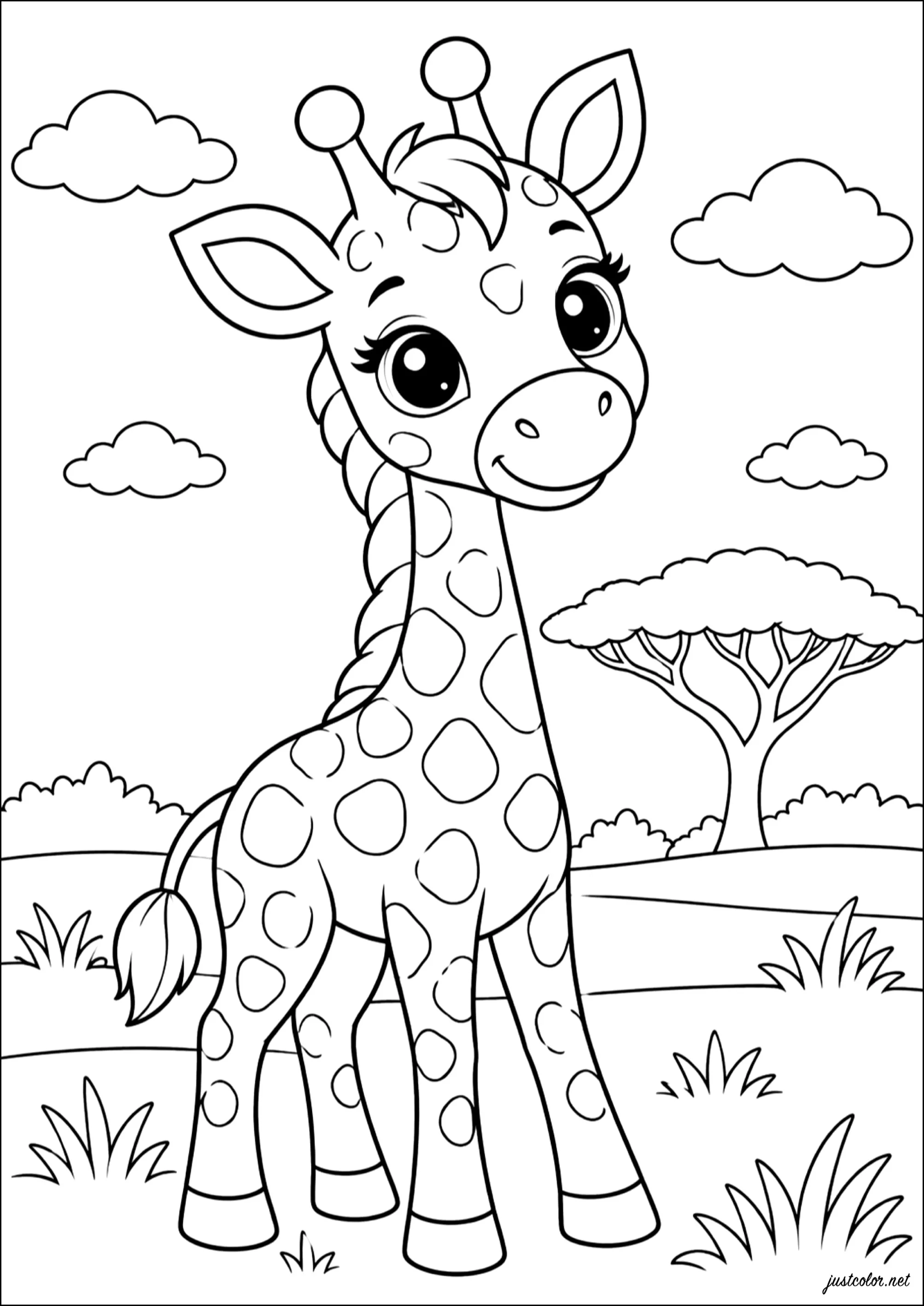 Lächelnde Giraffe in der Savanne (Ausmalbild zum Ausdrucken und Ausmalen für Kinder)