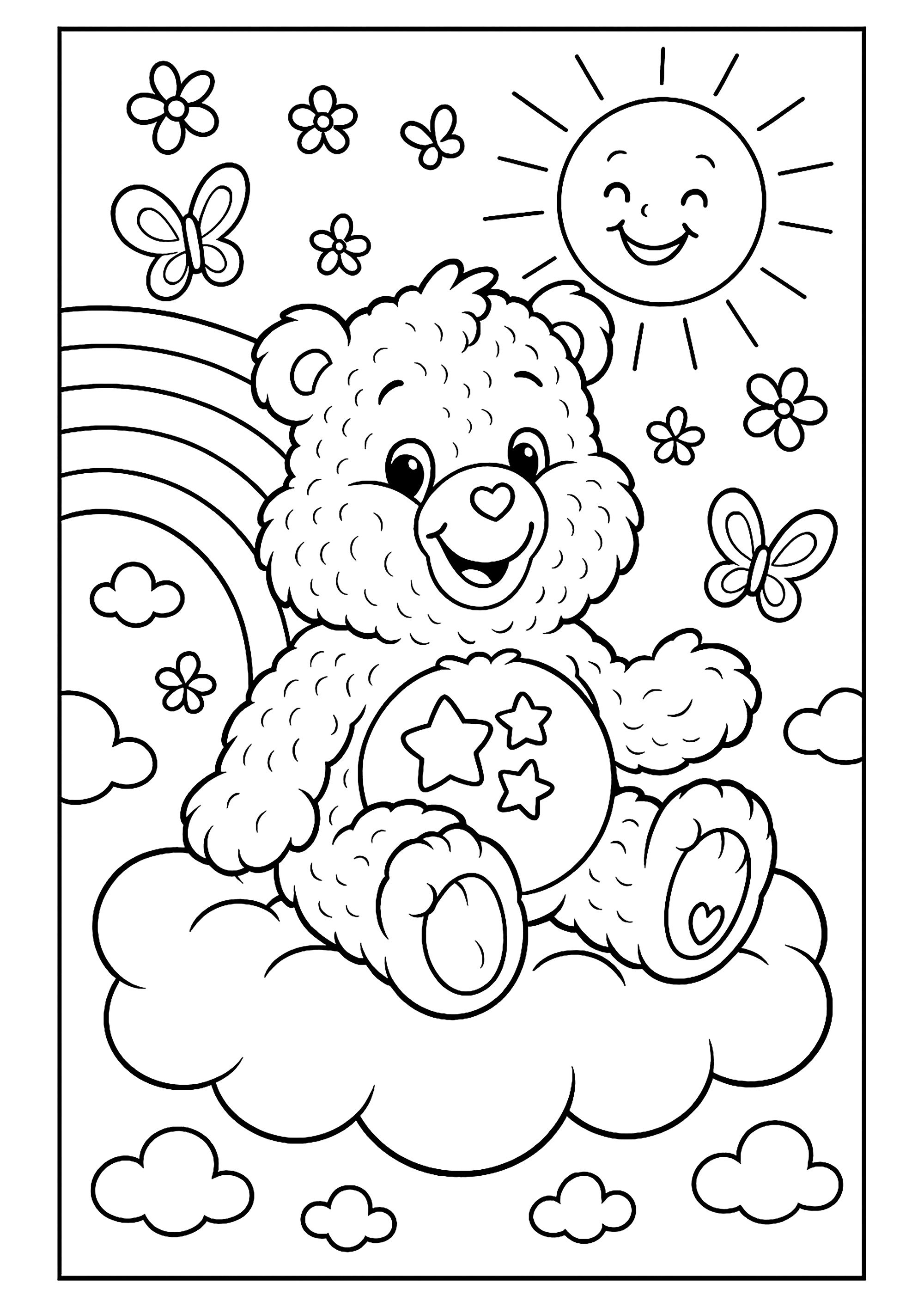 Niedlicher Bär auf einer schönen Wolke (Ausmalbild von Gluecksbaerchis zum Ausdrucken und Ausmalen für Kinder)