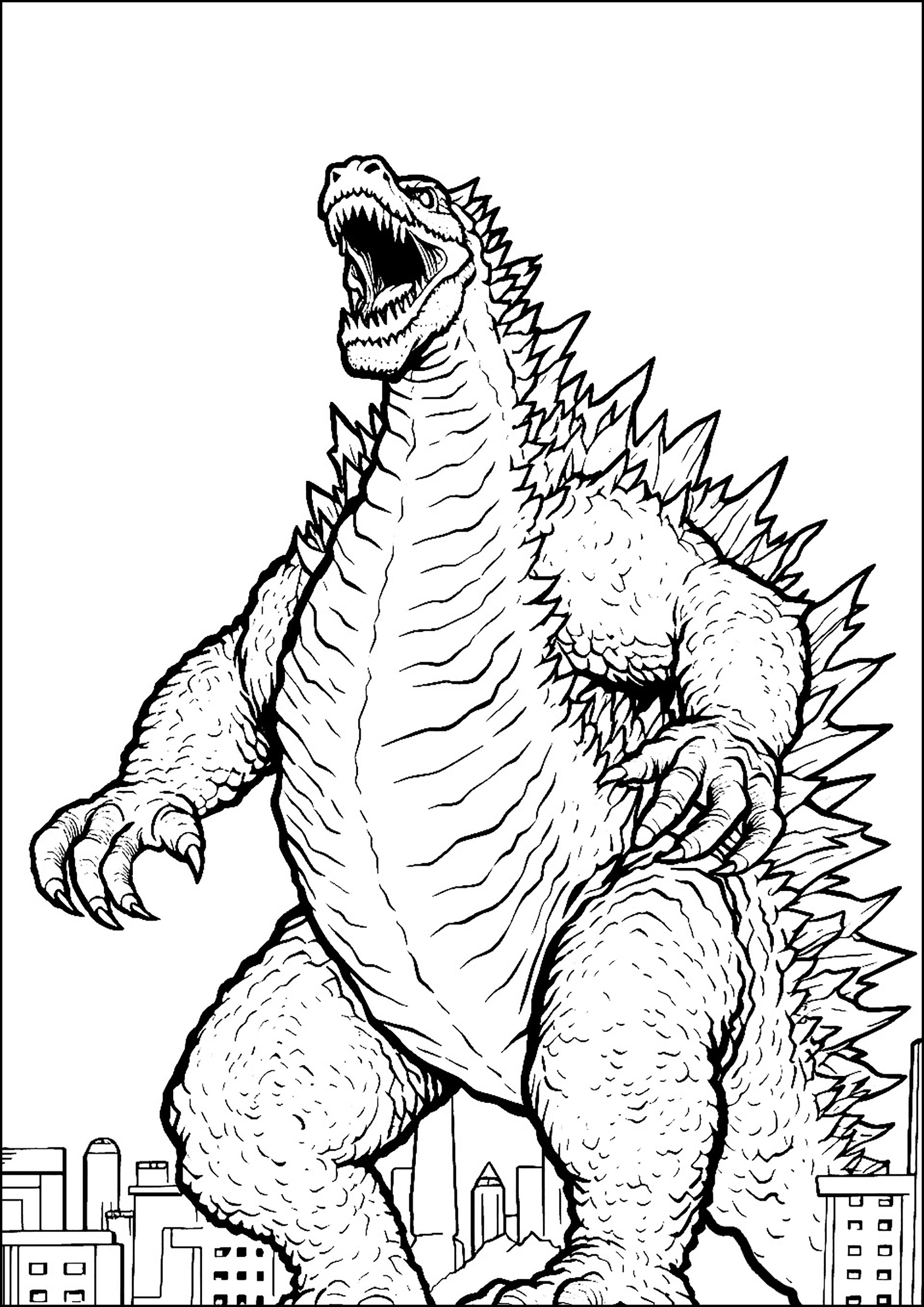 Der sehr wütende riesige Godzilla. - Ausmalbilder von Godzilla zum Ausmalen, image size:2000x2828