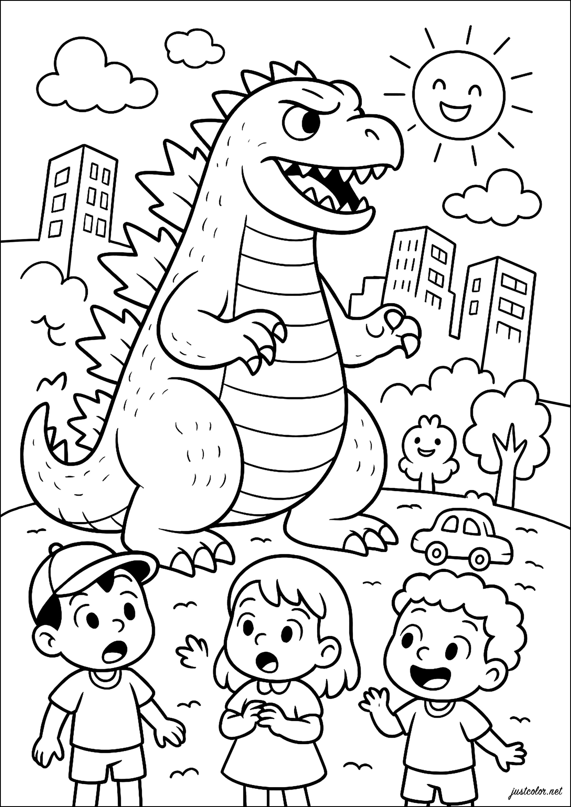 Godzilla und seine kleinen Bewunderer (Ausmalbild zum Ausdrucken und Ausmalen für Kinder)