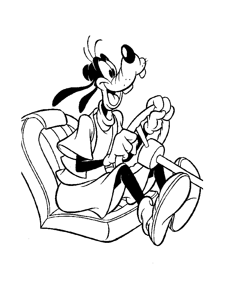 Goofy tut so, als würde er fahren (Ausmalbild zum Ausdrucken und Ausmalen für Kinder)
