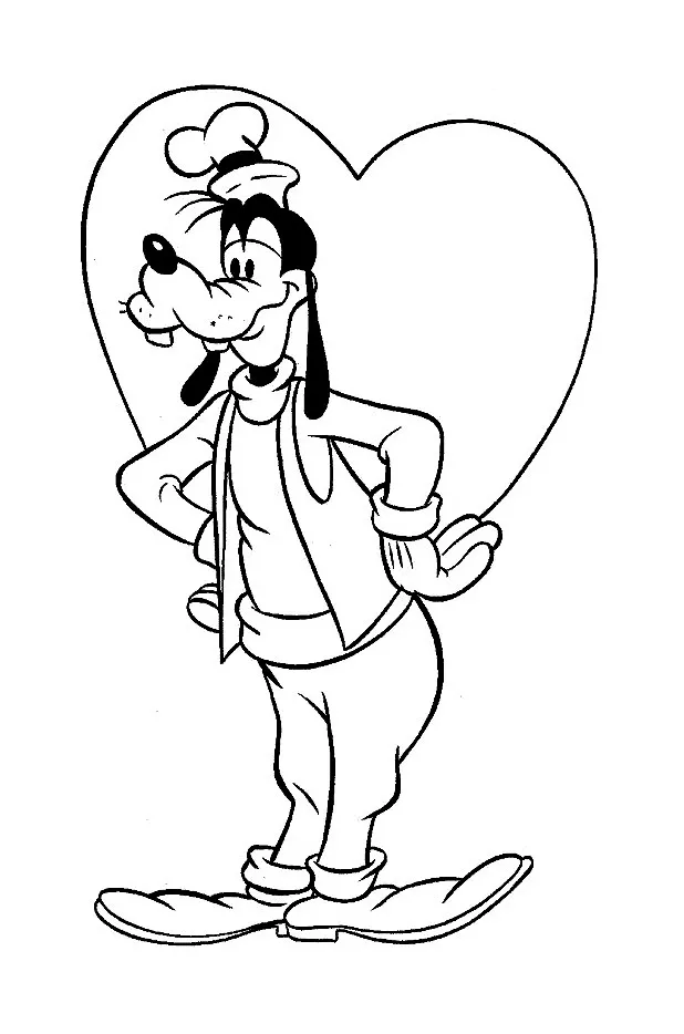Goofy mit einem großen Herz (Ausmalbild zum Ausdrucken und Ausmalen für Kinder)