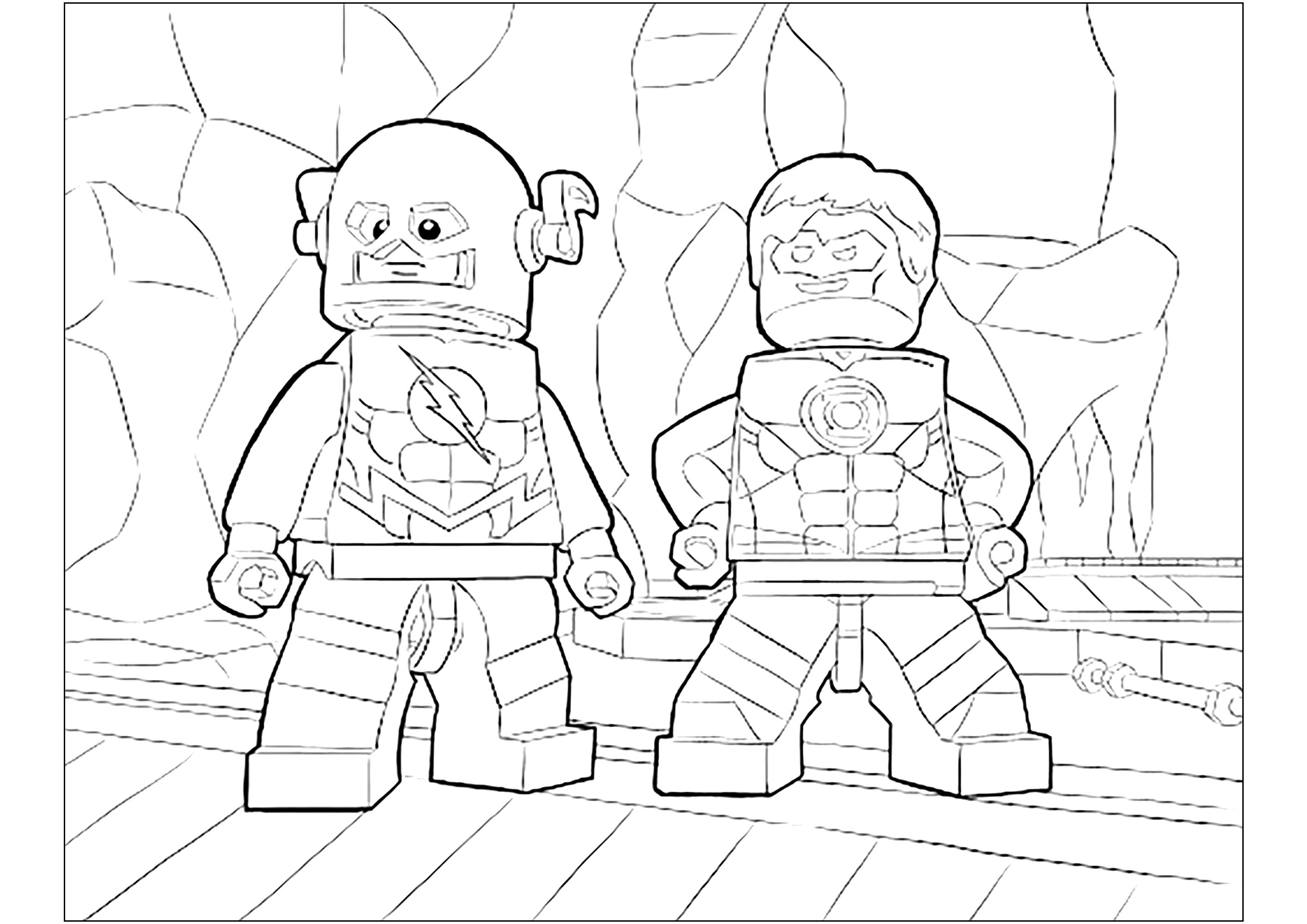 Green Lantern zusammen mit Flash (Lego-Version) (Ausmalbild zum Ausdrucken und Ausmalen für Kinder)