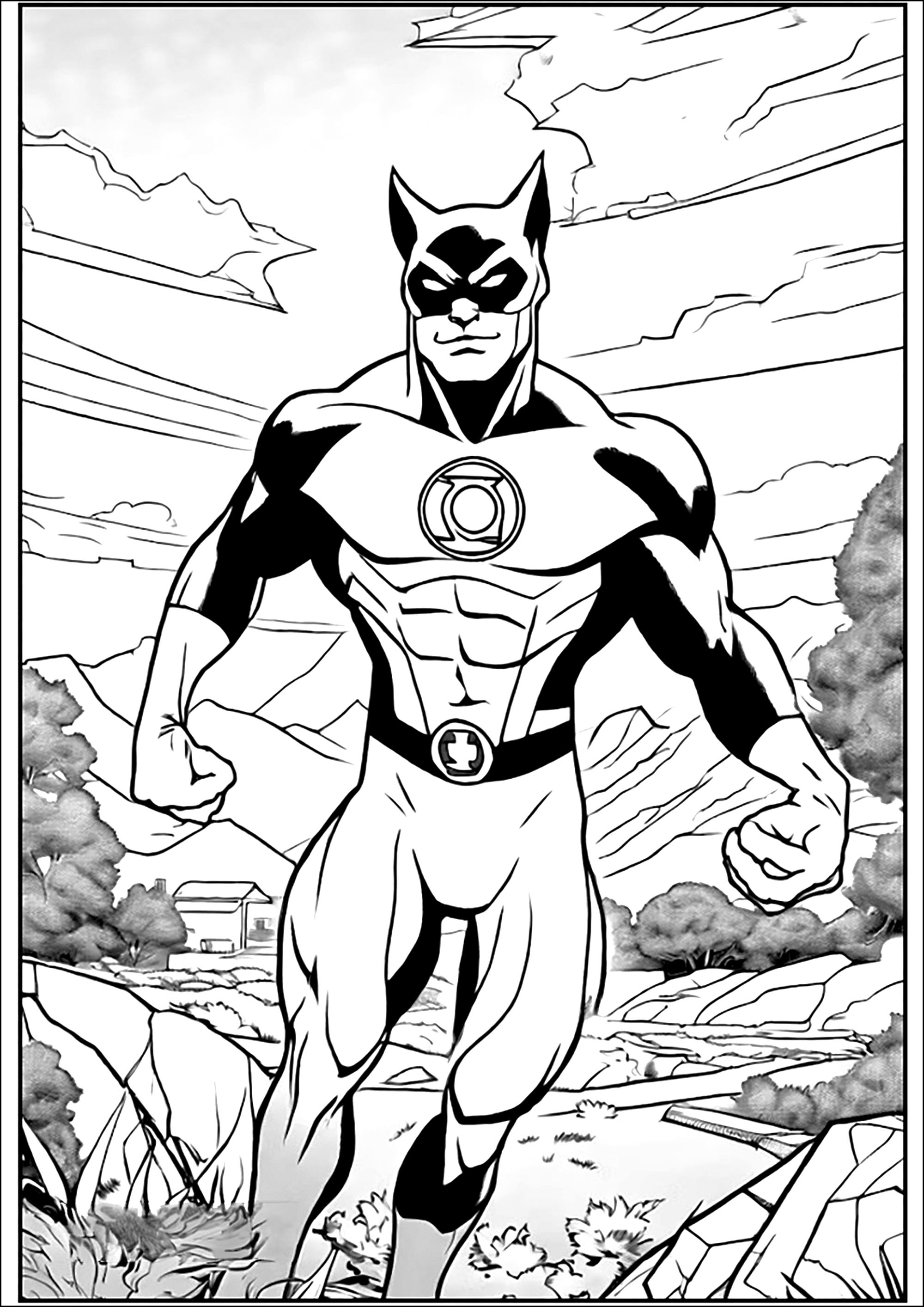 Green Lantern in einer wunderschönen Landschaft (Ausmalbild zum Ausdrucken und Ausmalen für Kinder)