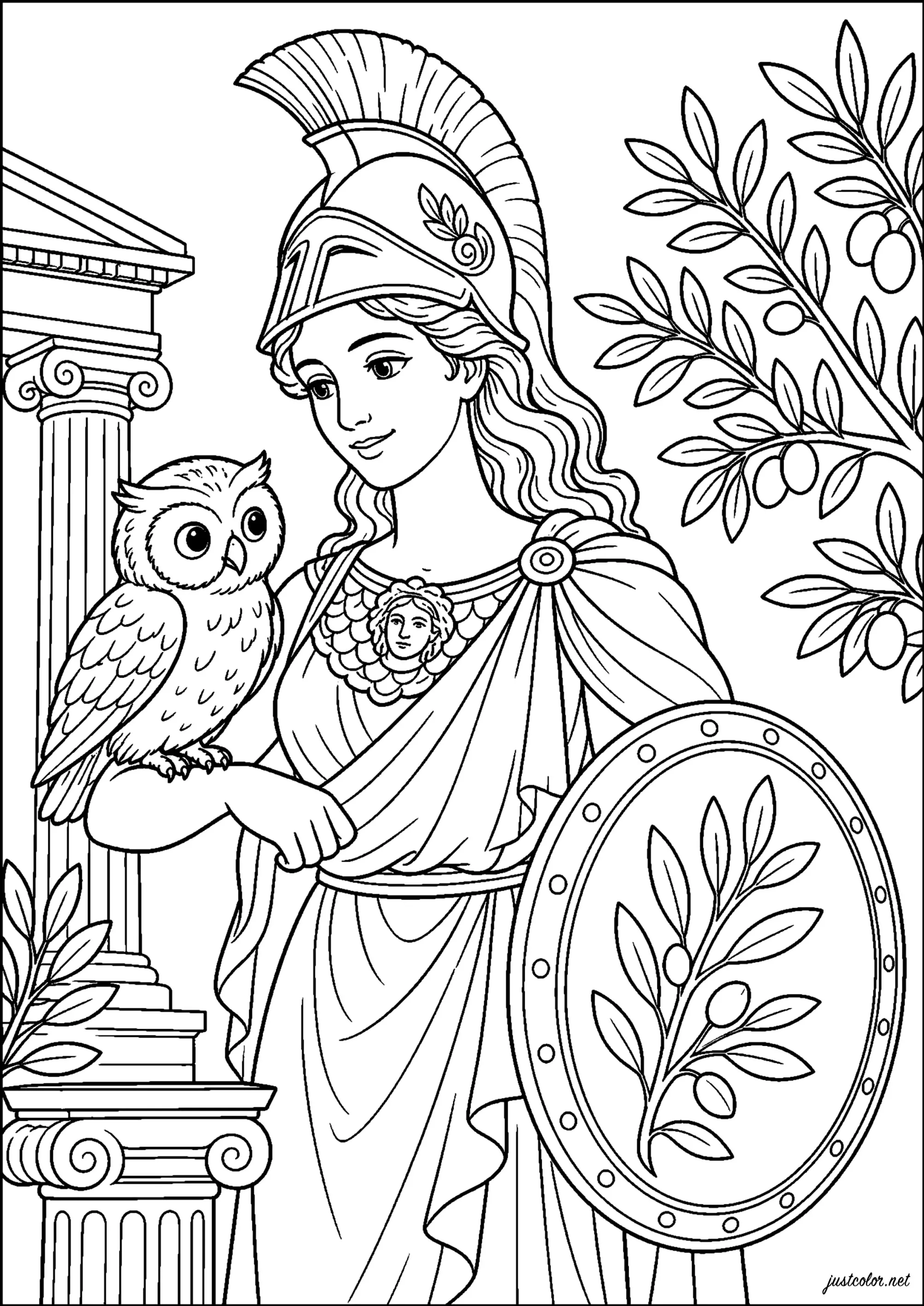Athene und majestätische Eule (Ausmalbild von Griechische Mythologie zum Ausdrucken und Ausmalen für Kinder)