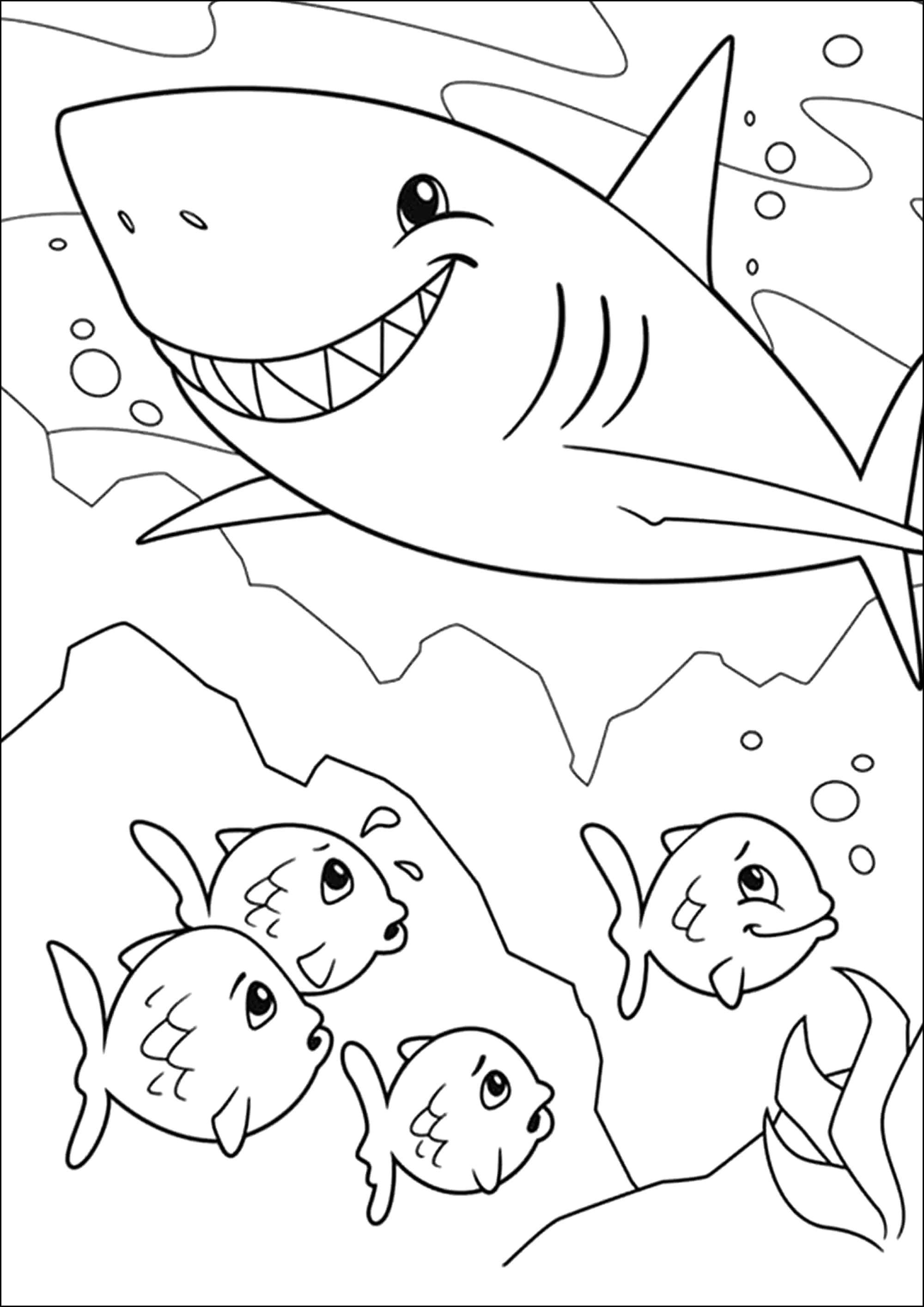 Fische, die vor einem Hai erschrecken... (Ausmalbild von Haie zum Ausdrucken und Ausmalen für Kinder)