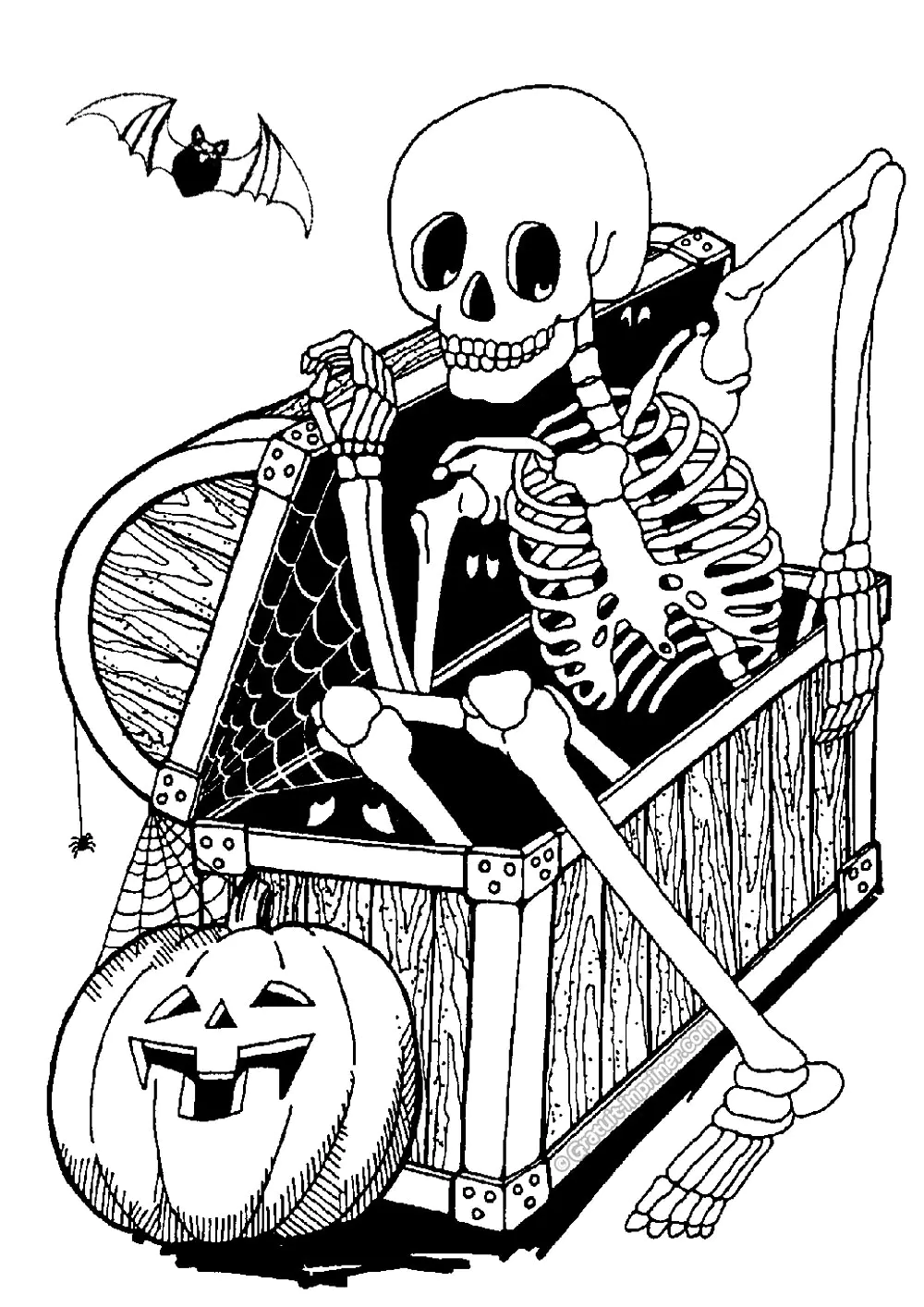 Skelett in einer Truhe (Ausmalbild von Halloween zum Ausdrucken und Ausmalen für Kinder)