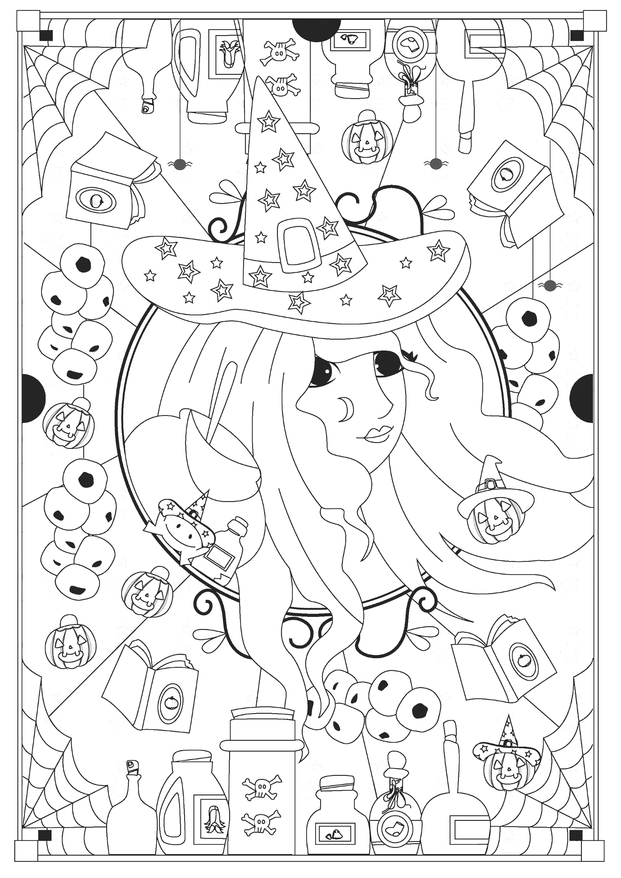 Die Hexe und ihre magischen Tränke. (Ausmalbild von Halloween zum Ausdrucken und Ausmalen für Kinder)