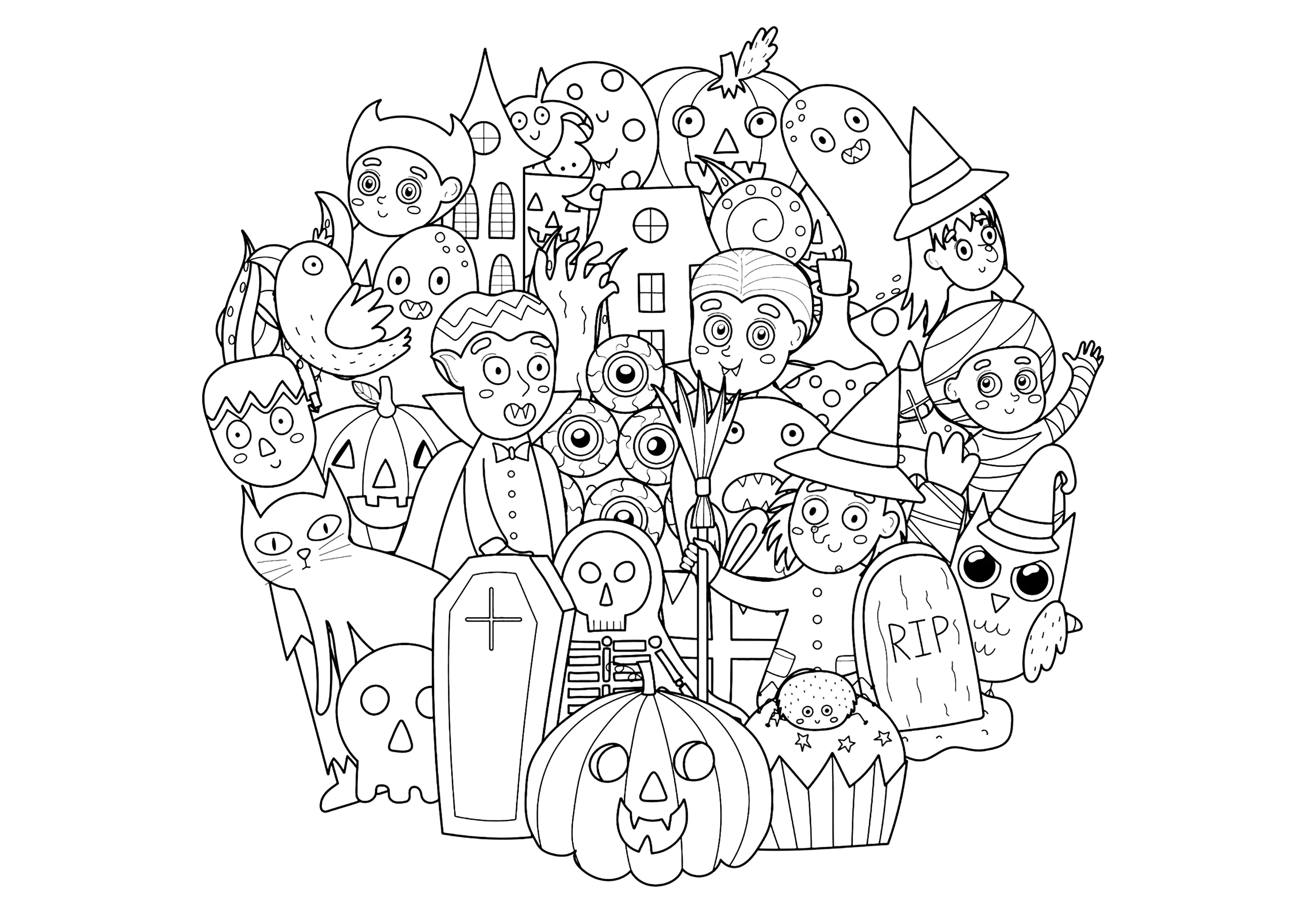 Halloween-Doodle mit Figuren (Ausmalbild zum Ausdrucken und Ausmalen für Kinder)