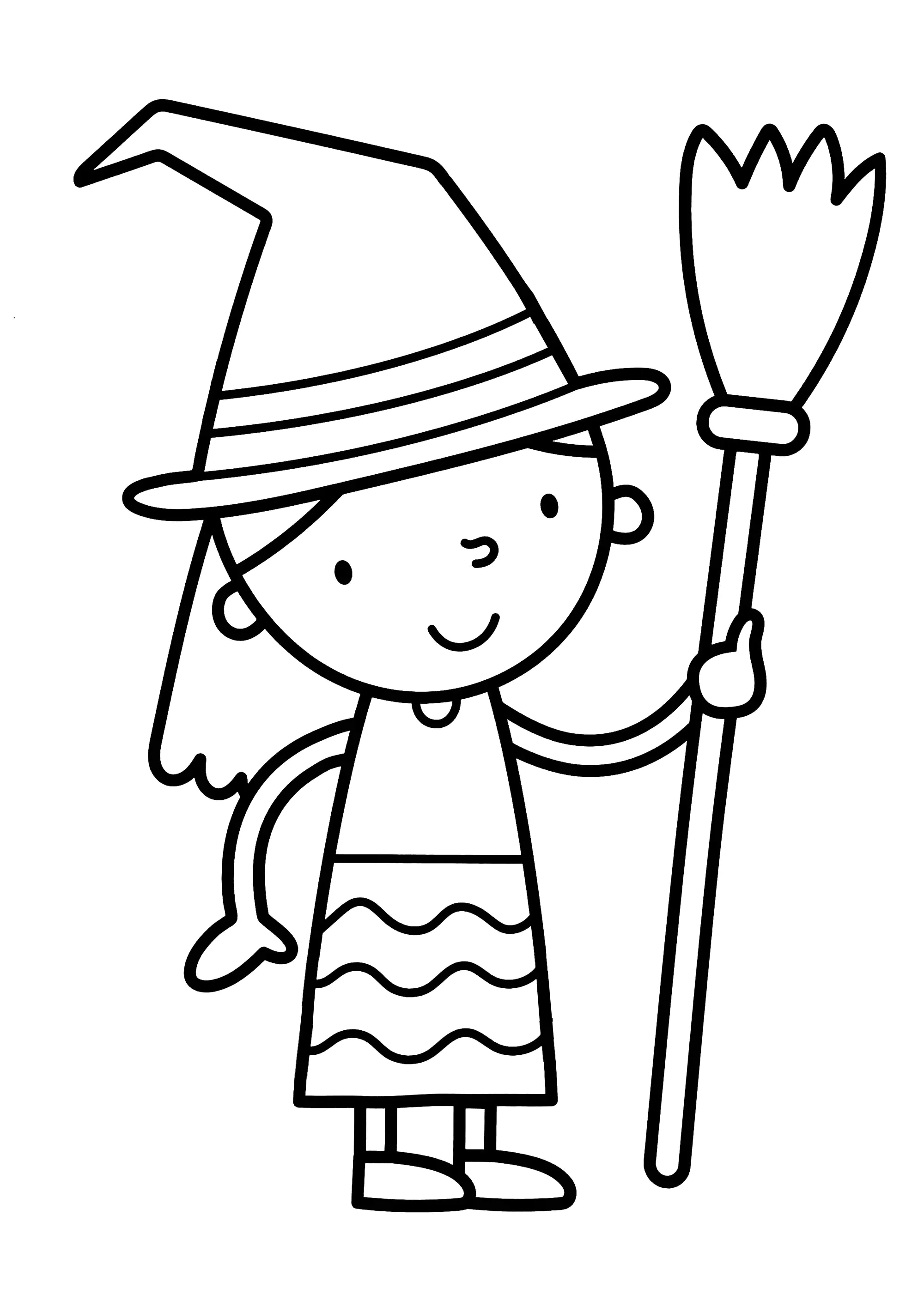 Die Hexe und ihr Besen (Ausmalbild von Halloween zum Ausdrucken und Ausmalen für Kinder)