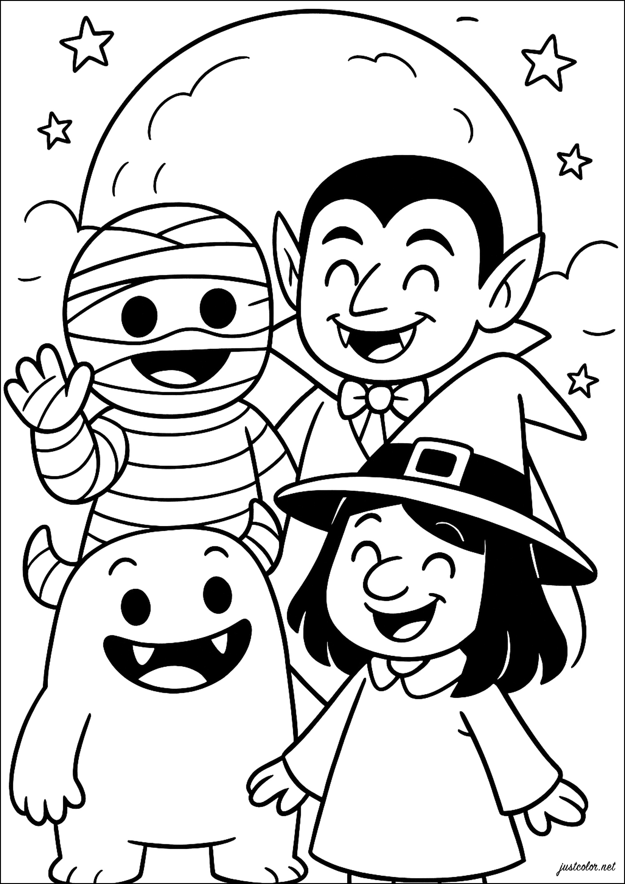Halloween-Kreaturen und Mondschein - Ausmalbilder von Halloween zum